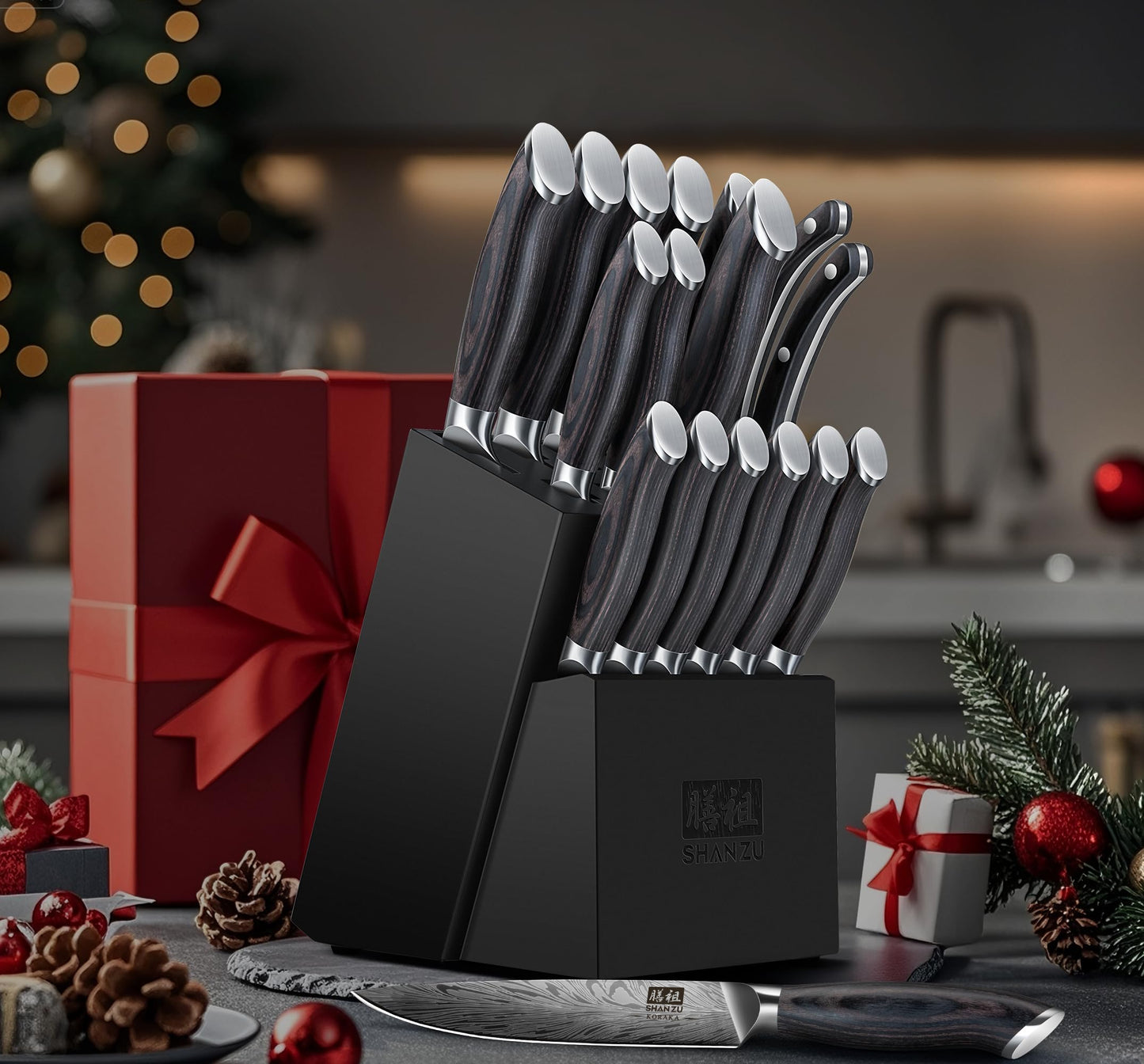 SHAN ZU 16 Pieces Knife Set, Knife Block Set in Powder Steel, Ultra Sharp Kitchen Knives Set, High Hardness Japanese Knife Set with Ergonomic Pakkawood Handle, Chef Knives Set for Kitchen Cooking