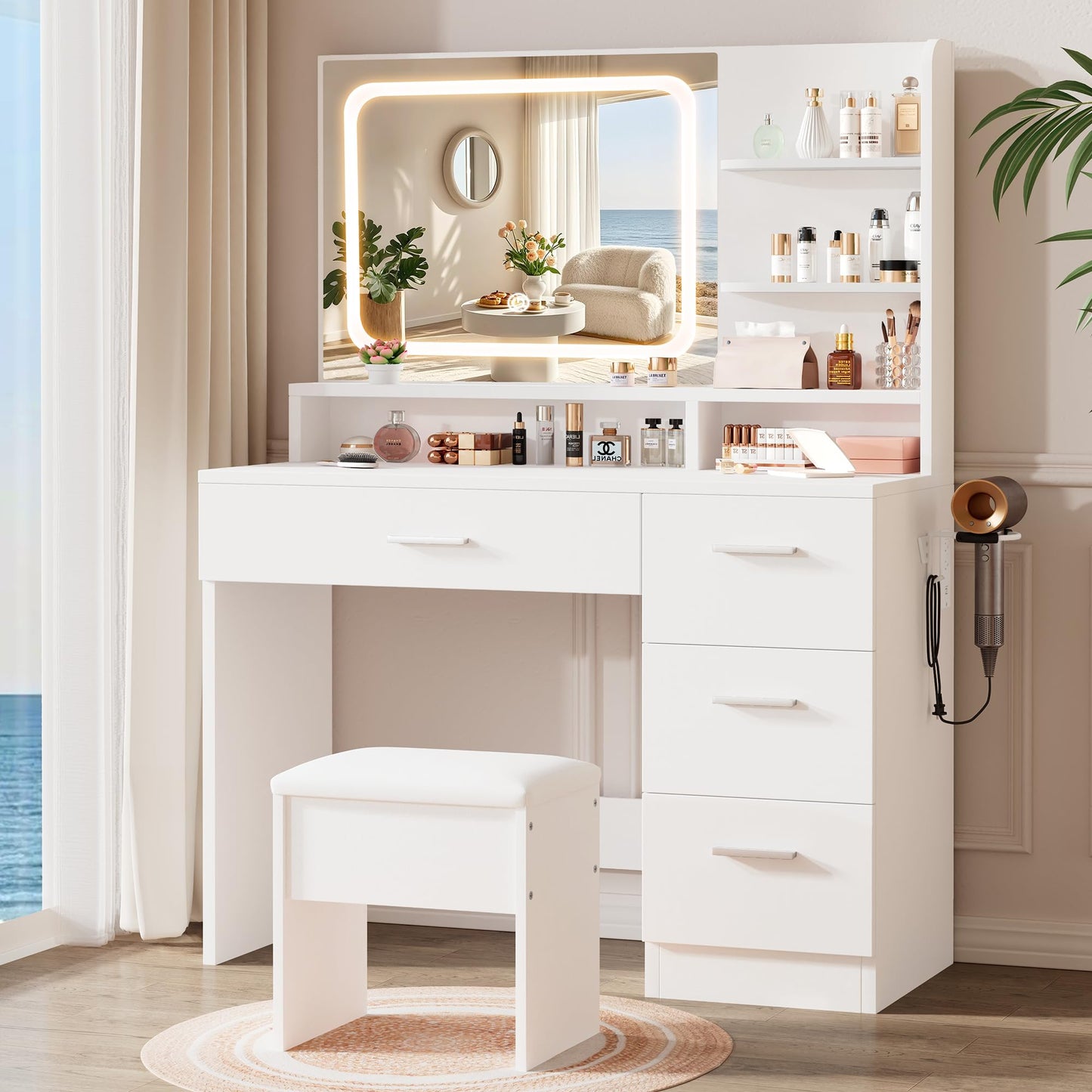LIVELYGLOW Makeup Vanity Desk with Smart LED Mirror & Charging Station, 35.4" White Vanity Table Set with Cushioned Stool, 4 Drawers & Hairdryer Rack, Modern Bedroom Dressing Table-White