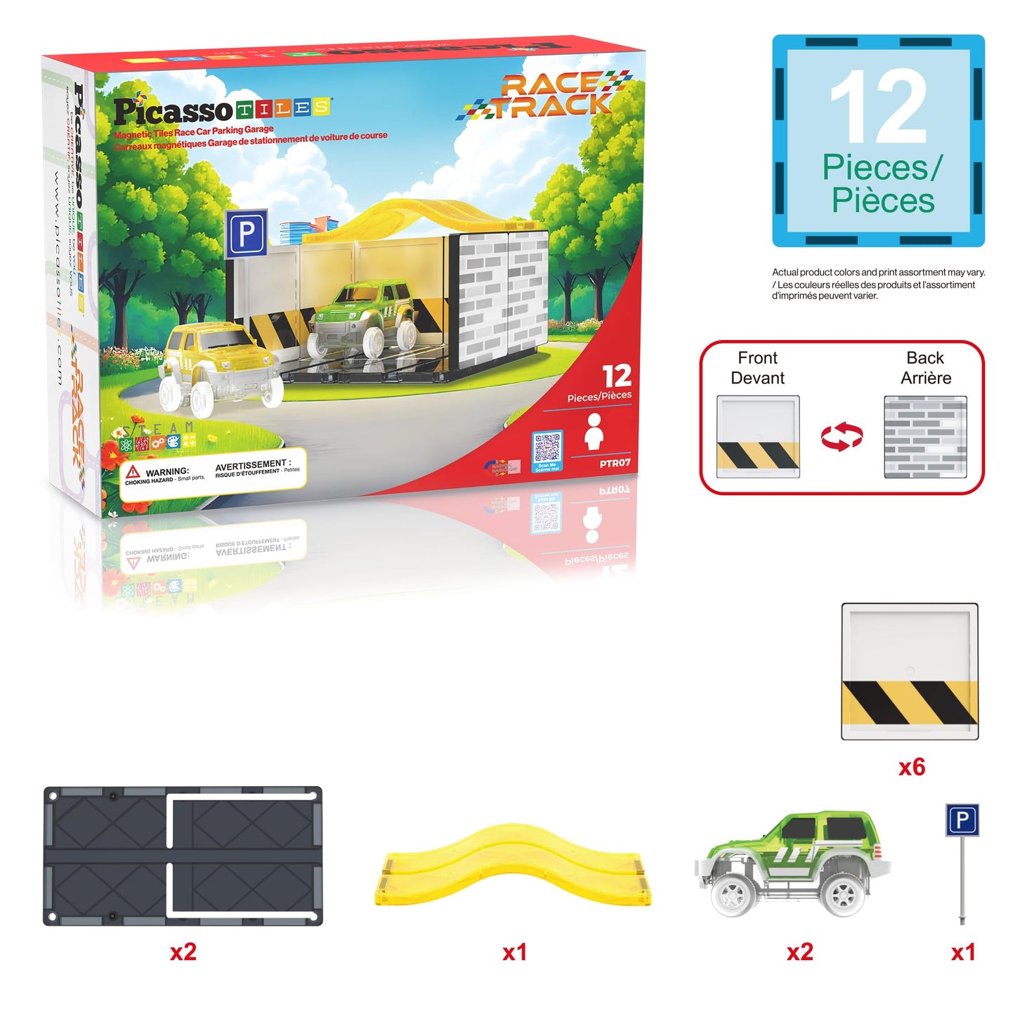 PicassoTiles Magnetic Tiles Race Car Track Kit Parking Garage Expansion Pack with 2 Cars Magnet Tile Building Blocks Educational Toy Learning Kit Pretend Play Construction Set Kids Child Ages 3+ PTR07