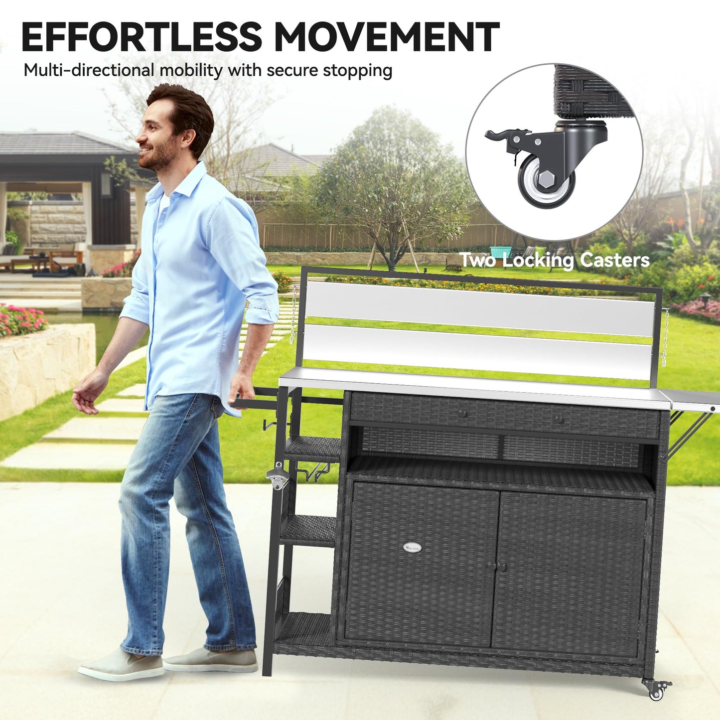 YITAHOME XL Outdoor Kitchen Island, Outdoor Bar Table & Storage Cabinet, Wheels and Stainless Steel Extended Table Top, Side Handle for Patio Kitchen or Bar Cart, Dark Brown