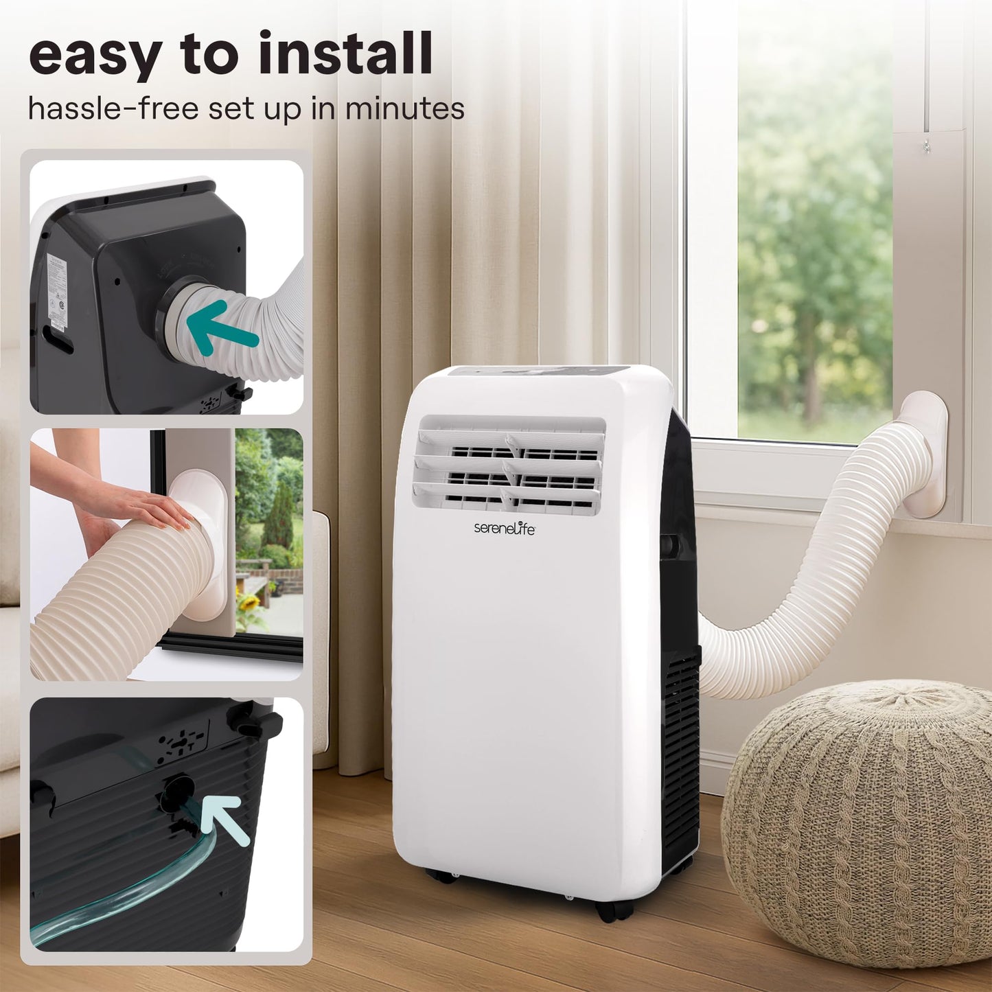 SereneLife Portable Air Conditioner with Heat & Built-in Dehumidifier 12,000 BTU, Portable Heater & AC for Rooms up to 550 Sq Ft - Remote Control & Window Mount Exhaust Kit Included