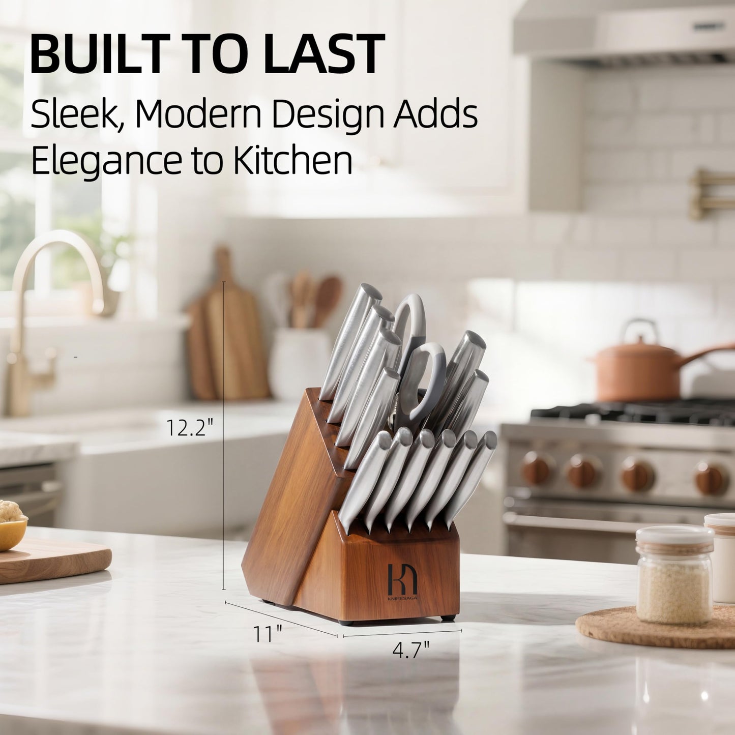 KnifeSaga Kitchen Knife Set 14 Piece Premium Japanese High Carbon Stainless Steel Knife Block Sets with Built-in Sharpener, Razor Sharp Knives Set for Kitchen, Quality Acacia Wood Block Knife Set