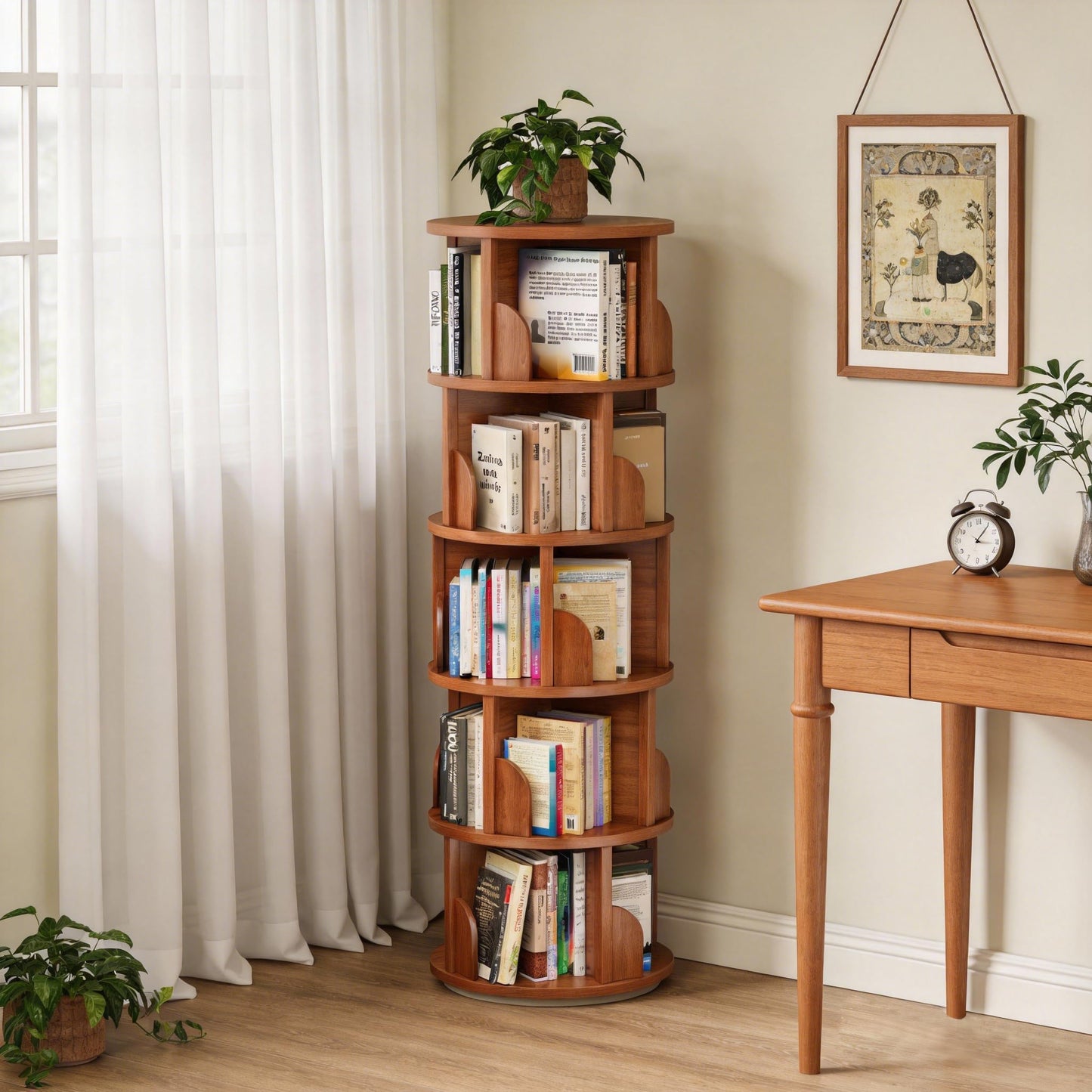JIANXINGHOOM 5-Tier Rotating Bookshelf,Rolling Bookcase with 360° Spin for Small Spaces, Corner Revolving Organizer for Home Office, Bedroom, Kids Room Walnut Finish