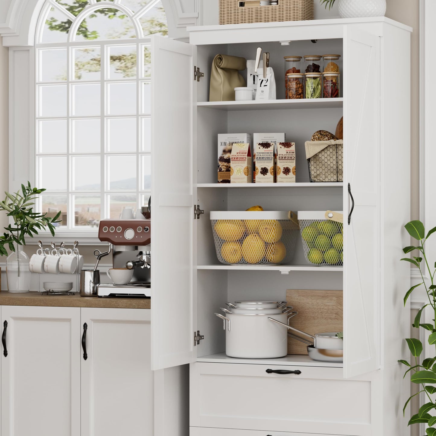 HOSTACK 70" Tall Kitchen Pantry Storage, Barn Doors Pantry Cabinet with Drawers and Adjustable Shelf, Modern Farmhouse Storage Cabinet for Kitchen, Dining Room, Living Room, Bathroom, White