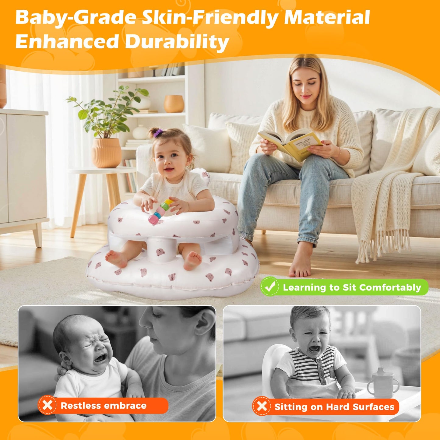 Inflatable Baby Seat for Babies 3–36 Months, Aloxina Sit Me Up Floor Chair with Built-in Air Pump, Extra-Wide Base & Anti-Tip Support, Infant Chair for Sitting & Feeding – Bear
