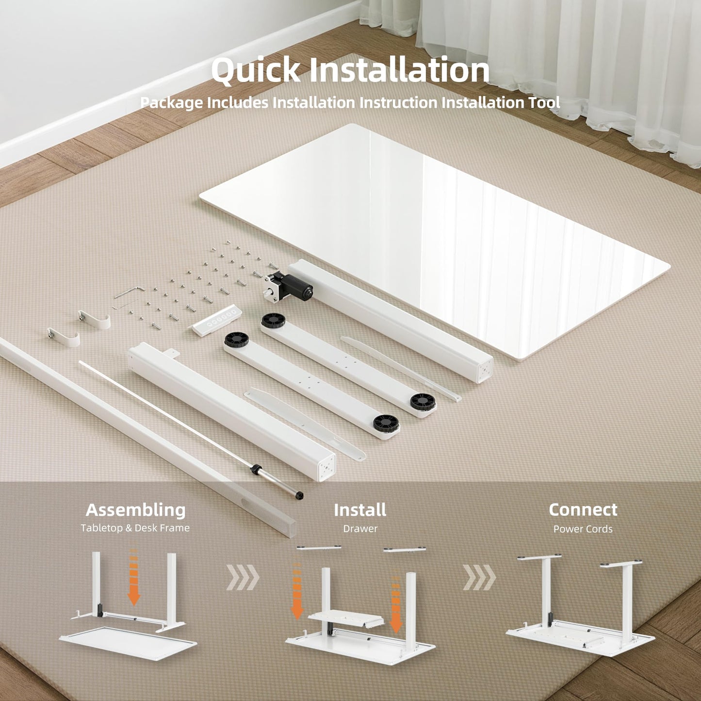 Claiks Glass Standing Desk with Drawers, 40×24 Inch Adjustable Stand Up Desk Quick Install Home Office Computer Desk, White