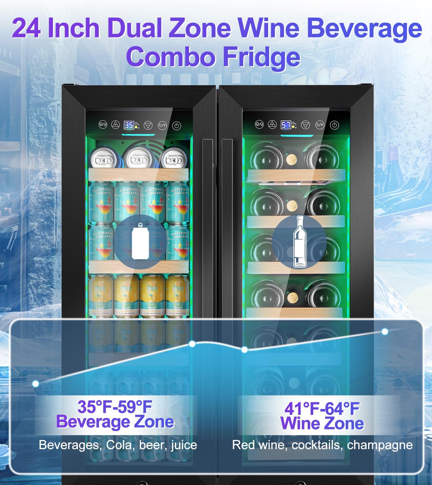 RLPI 24'' Wine and Beverage Refrigerator, 4.2 Cu. Ft. Dual Zone Wine Fridge with RGB Lights French Door Intelligent Control Advanced Compressor Under Counter Cooler for Outdoor Kitchen Bar Gift Black