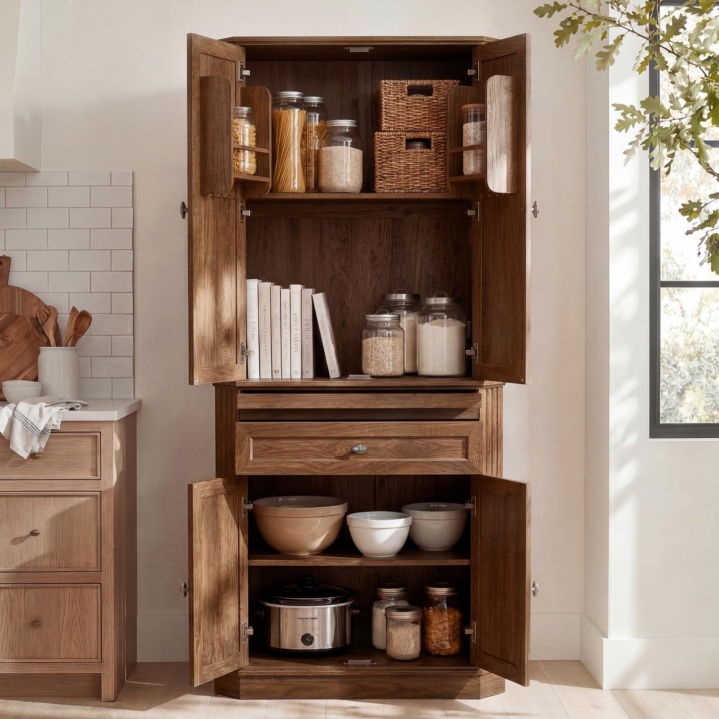 AMBERHAUS 72.2" Tall Kitchen Pantry Storage Cabinet with Doors, Farmhouse Storage Cabinet with Drawers, Adjustable Shelves and Pull-Out Shelves, Walnut Wood Pantry Cupboard for Kitchen, Dining Room