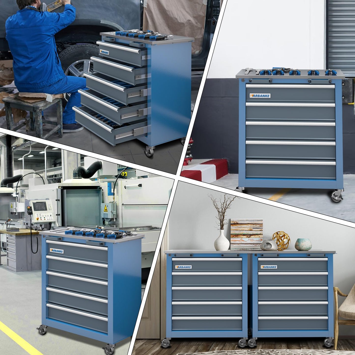 LARBANKE 5-Drawer Rolling Tool Chest,Tool Chest with Keyed Locking System, with Wheels and Foot Pads,Rolling Tool Cabinet with Stainless CounterTop and Drawer Liners,Unique Link Buckle for Connecting