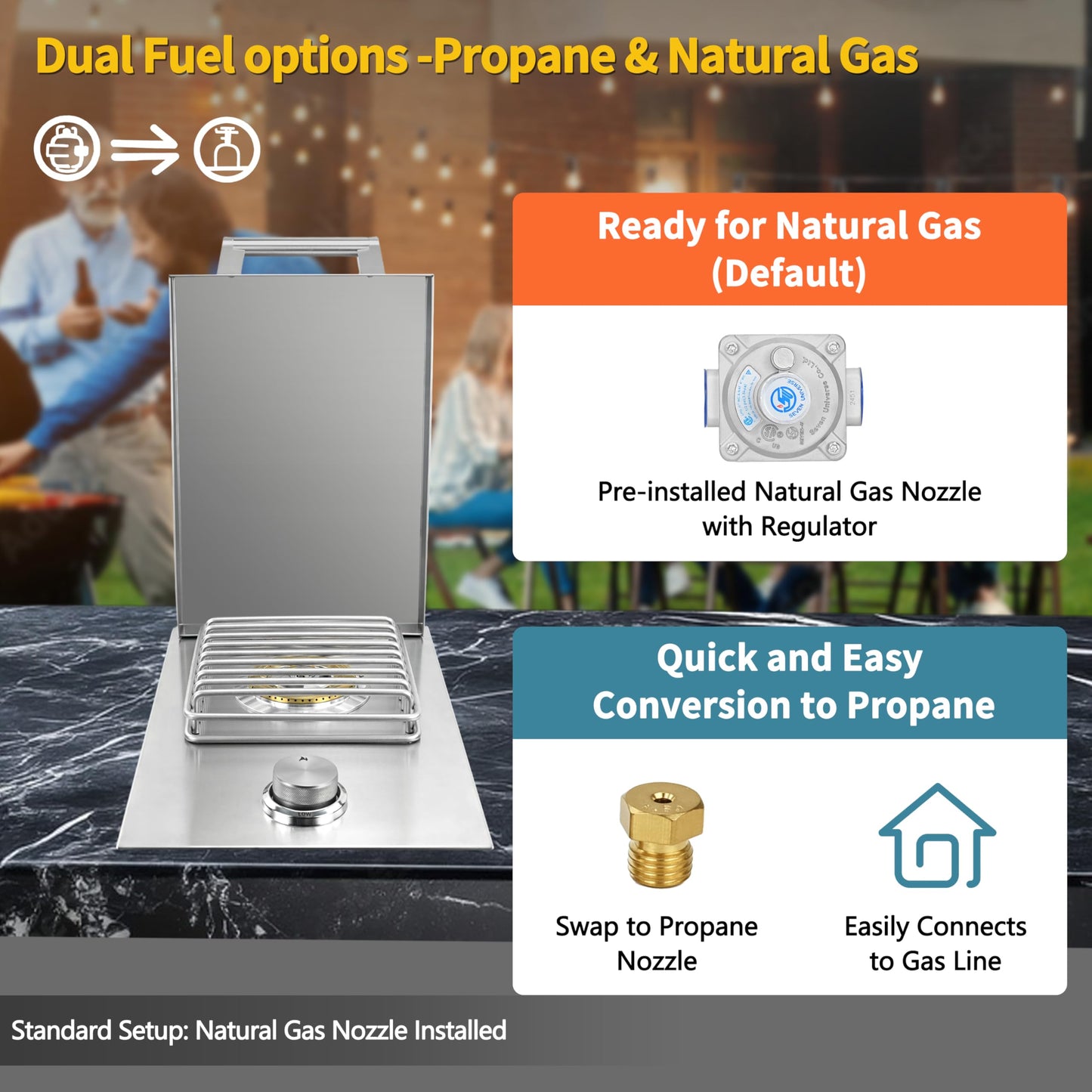 Single Grilling Side Burner, 15,000BTU Natural Gas for Outdoor Kitchen, Heavy-Duty 304 Stainless Steel, Convertible to Liquid Propane, Built-in Single Side Burner for BBQ Grill Island