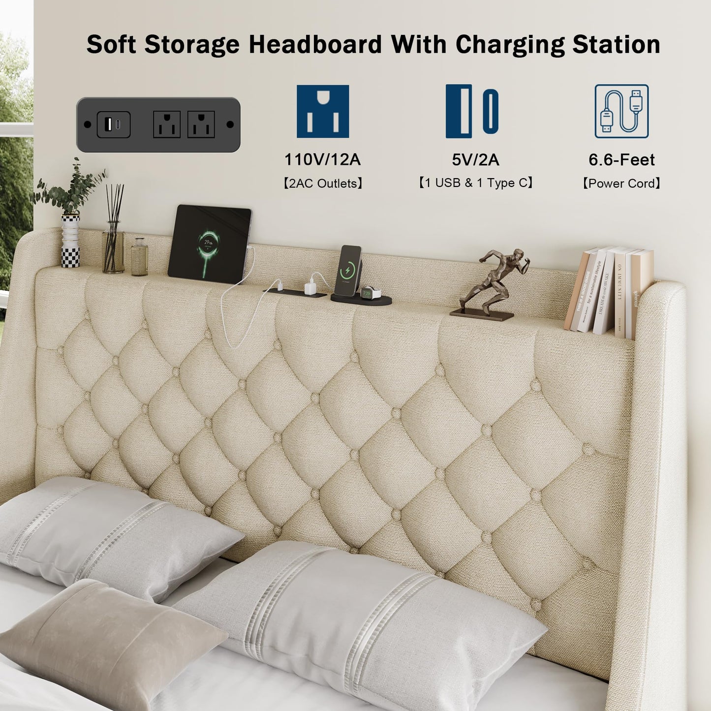 GalnFu Queen Bed Frame with 4 Storage Drawers, Huge Upholstered Wingback Headboard, Fast Charging Station, No Box Spring Needed, Noise-Free, Beige