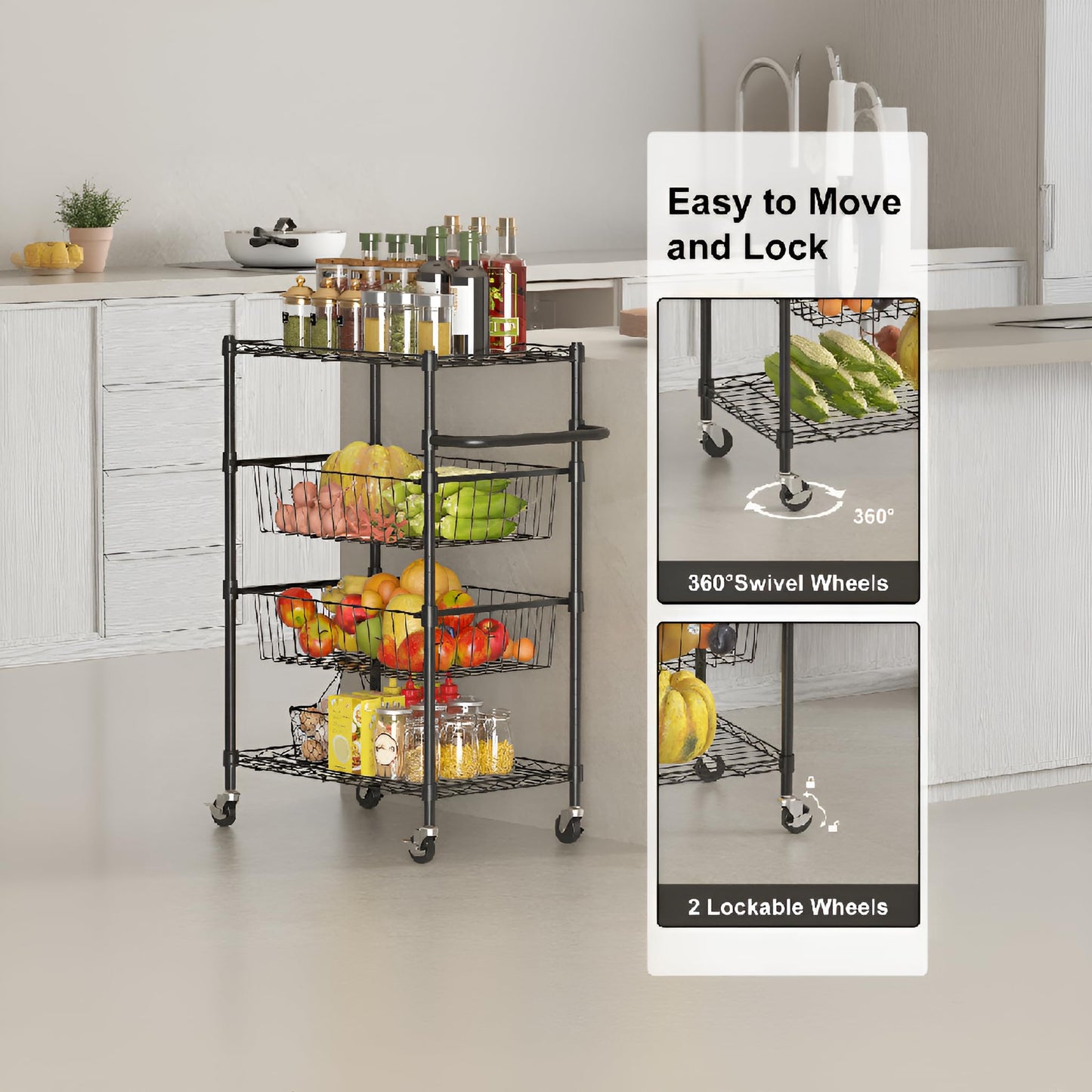 LinTimes 4 Tier Rolling Cart, 110 LB Capacity, Locking Casters & Handle Bar, Wire Storage Rack for Kitchen, Restaurant, Garage, Black