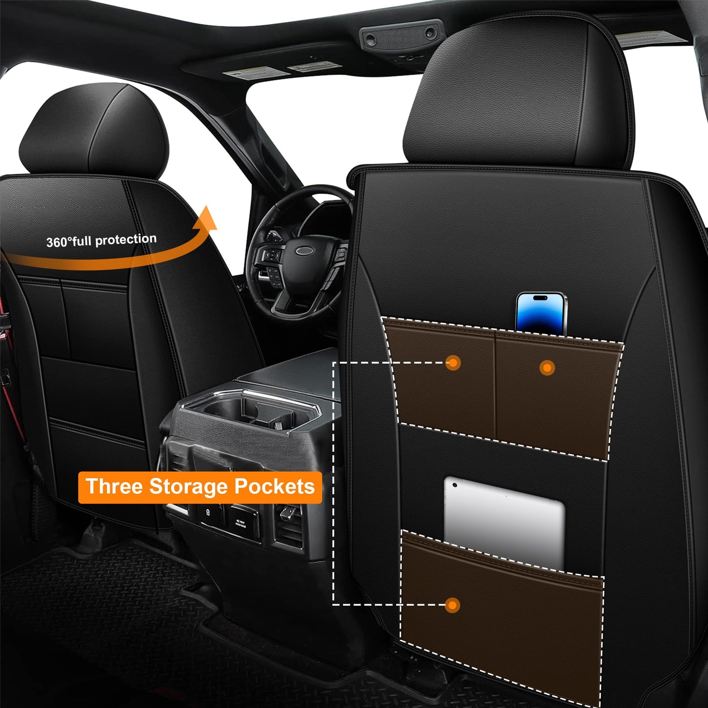 JIAMAOXIN Front Seat Covers for Ford F150 2009-2024 2025 2026 - F250/F350/F450 2017-2024 2025 2026: Custom Faux Leather Truck Seat Covers Car Cushion (2 PCS Front,Black)
