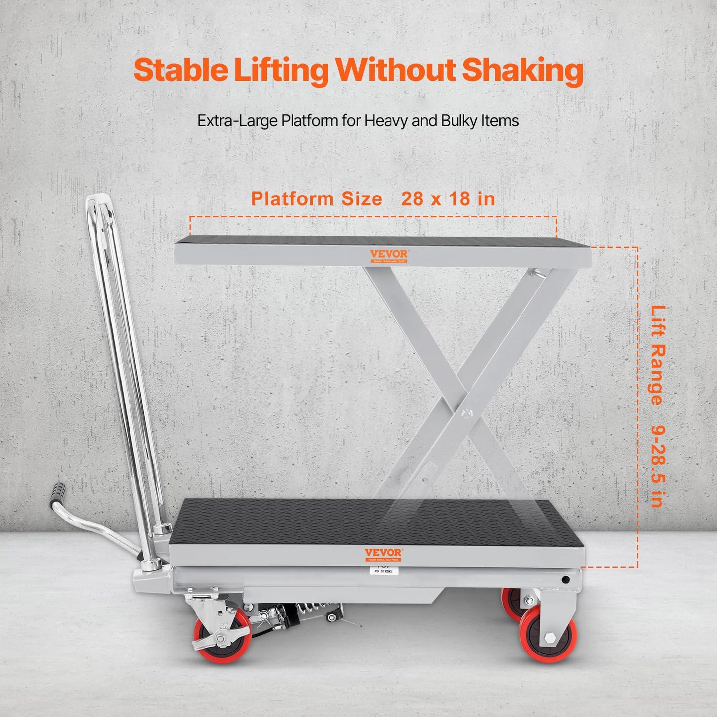 VEVOR Hydraulic Lift Table Cart, 500lbs Load Capacity 28.5 Inch Lifting Height, Manual Single Scissor Lift Table with 4 Wheels and Non-Slip Pad, Alloy Steel, Gray