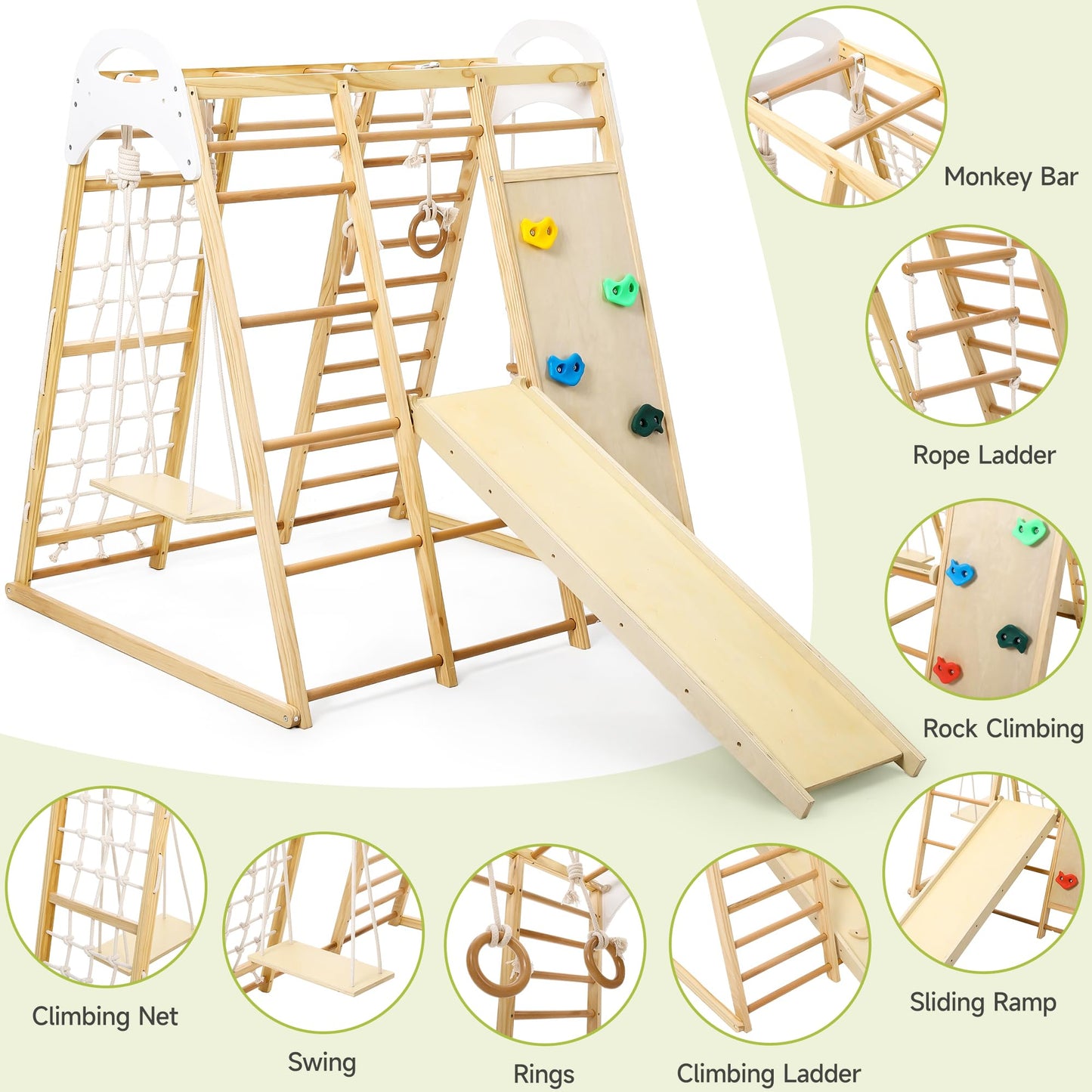Hipicute 8-in-1 Climbing Toys for Toddlers, Indoor Playground Climber Playset, Wooden Climbing Gym with Swing, Slide, Climbing Wall, Jungle Gym for Kids Aged 3-8