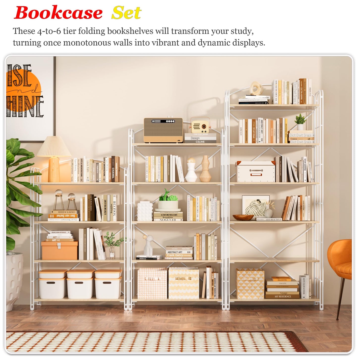 UDD Folding Bookshelf No Assembly, 54.1" H x 23.7" W, 5 Shelf Foldable Bookcase Industrial Collapsible Bookshelves, Open Storage Book Shelves for Small Spaces Home Office Living Room, Light Oak White