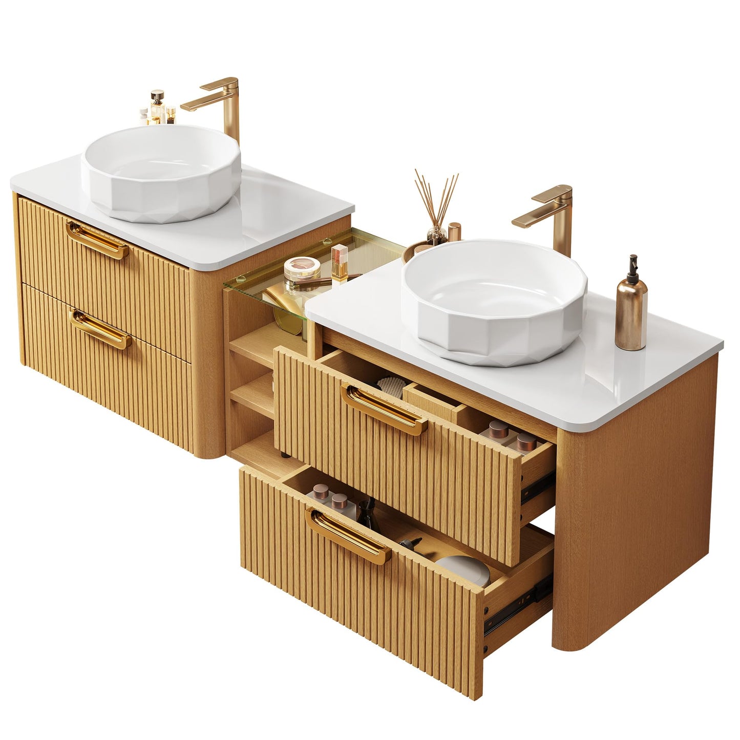 YITAHOME 72 Inch Floating Bathroom Vanity with 2 Faceted Ceramic Basins, Wall-Mounted Vanity with Engineered White Stone Top, 4 Large Storage Drawers & 4 Open Spaces, Wood Grain Texture, Light Walnut
