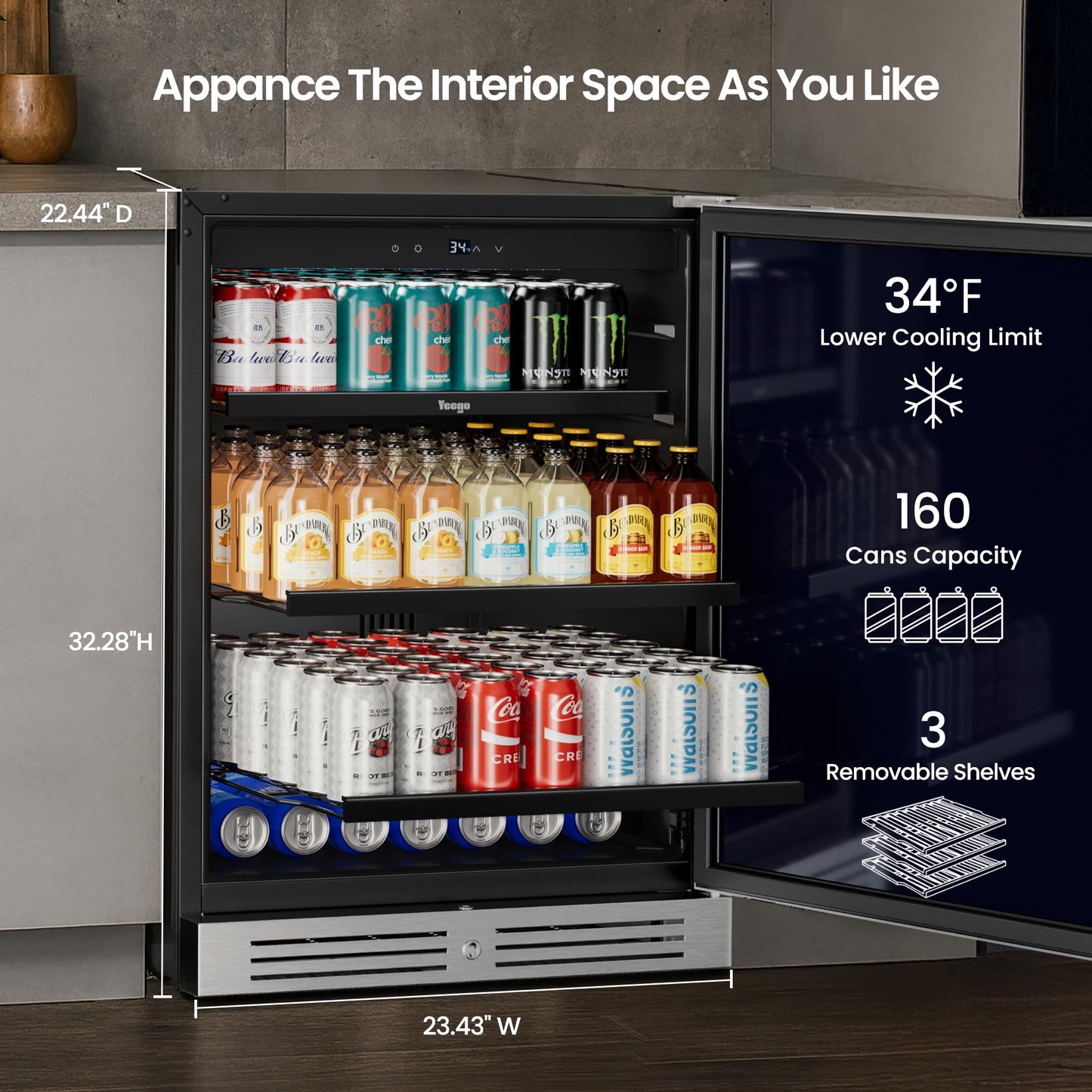 Yeego 24 Inch Beverage Refrigerator, 160-Can Beverage Cooler with Lock & Auto Defrost, Stainless Steel Indoor & Covered Outdoor Beverage Fridge, Freestanding or Under Counter for Beer, Soda & Wine