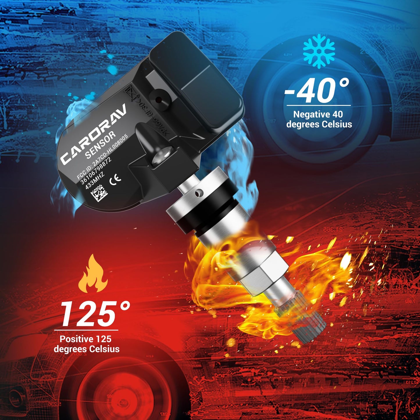 CARORAV 433Mhz Tire Pressure Monitoring System Sensor Compatible for BMW Rolls Royce MINI Ferrari, TPMS Sensor Replaces 36106798872 36106890964 F11001648001B 4 Pack - 4 Replaceable Valve Stems