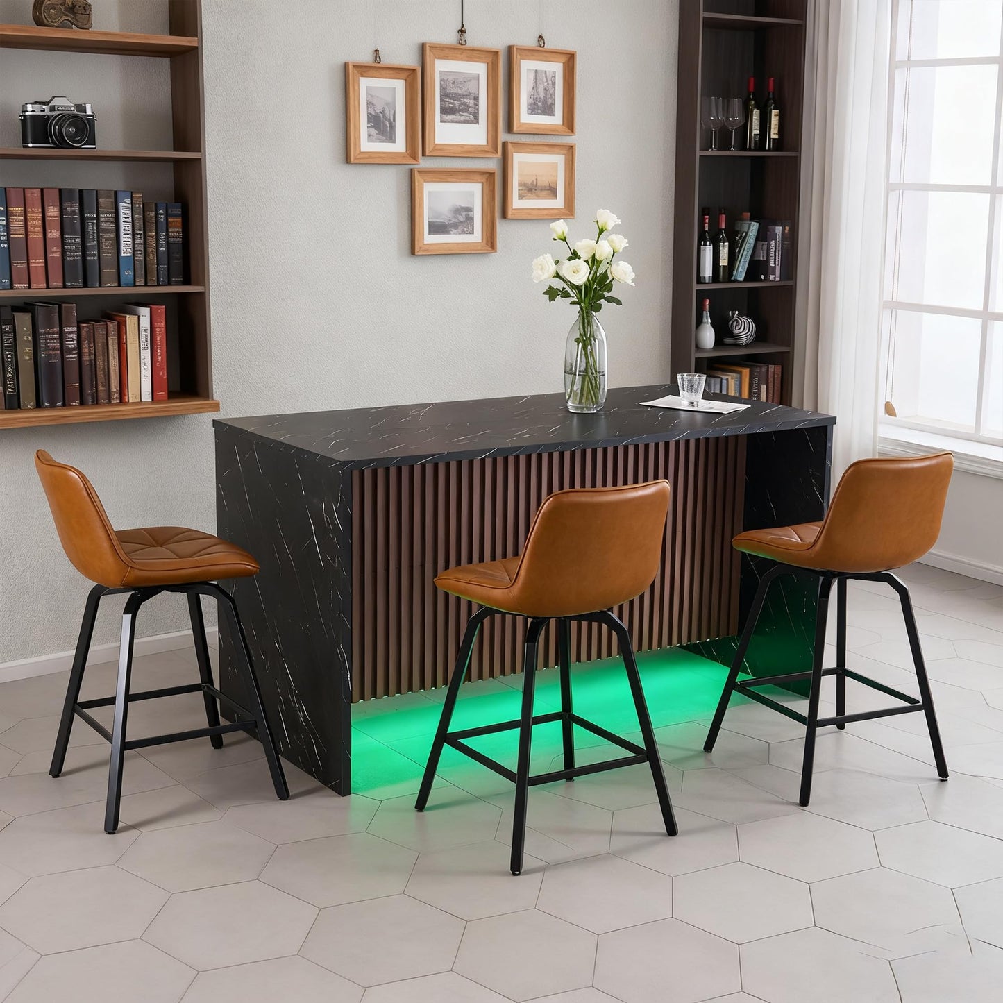 FANCROU 67 Inch Large Imitation Marble Dining Table for 4-6 People, Mordern Marble Stripes Kitchen Dining Table with Grille Design, Island Table with LED Lights for Kitchen Living Room, Black