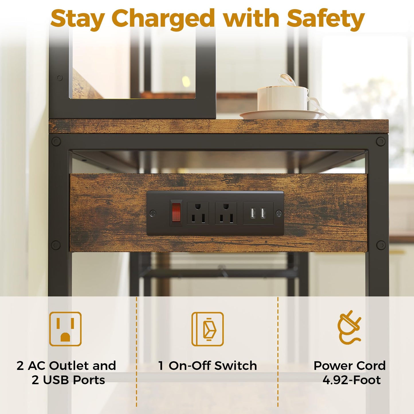 IRONCK Bakers Rack with Power Outlet, Kitchen Microwave Stand with Storage Cabinet, 47.24 Inch Coffee Bar Cabinet, Kitchen Racks with Shelves, LED Light, Globlet Holder and Wine Basket, Vintage Brown