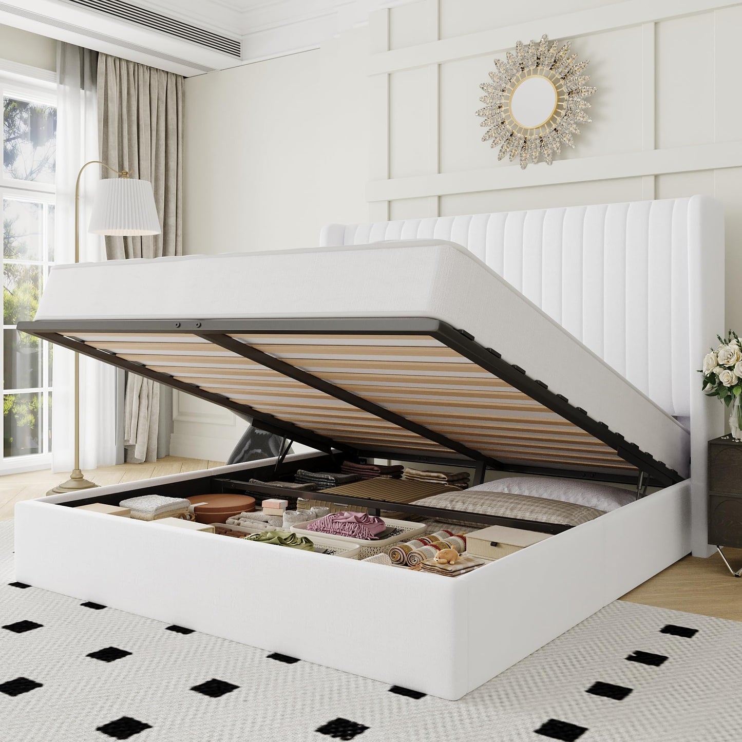 Allewie Queen Size Lift Up Storage Bed Frame, Hydraulic Support System, Upholstered Platform Bed Frame, Underneath Storage, Vertical Channel Tufted Headboard with Wingback, No Box Spring Needed, White