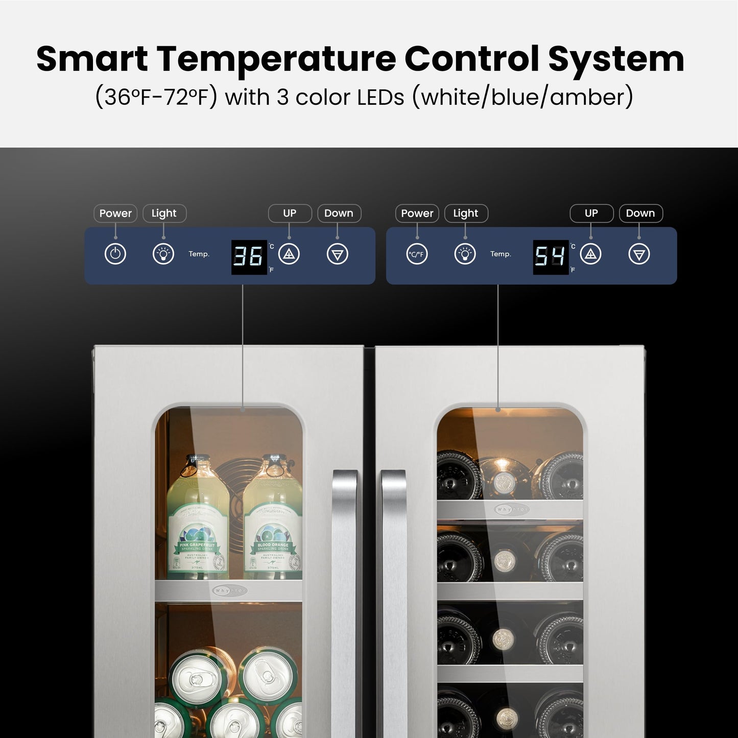 Whynter 24 Inch Dual Zone Wine and Beverage Refrigerator, 20 Bottle 60 Can Wine Fridge with Glass Door, 36-72°F Built-in Freestanding Under Counter Wine Cooler with 3 LED Light(4.1 cu.ft)