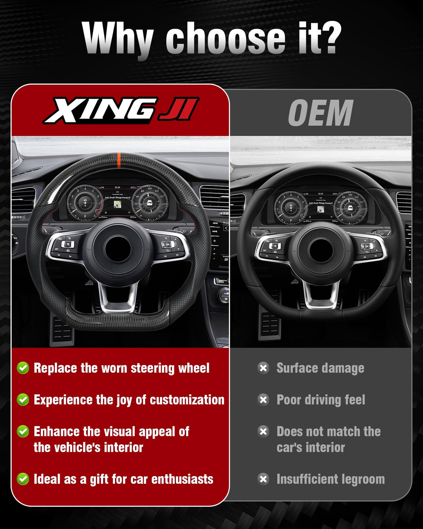 Carbon Fiber Steering Wheel for Volkswagen Golf GTI Mk7 MK7.5 2015-2020, D-shaped Flat-bottom Red Positioning Lines Red Stitching Steering Wheel for 15-20 Golf R-line(Only fit Auto Vehicles)