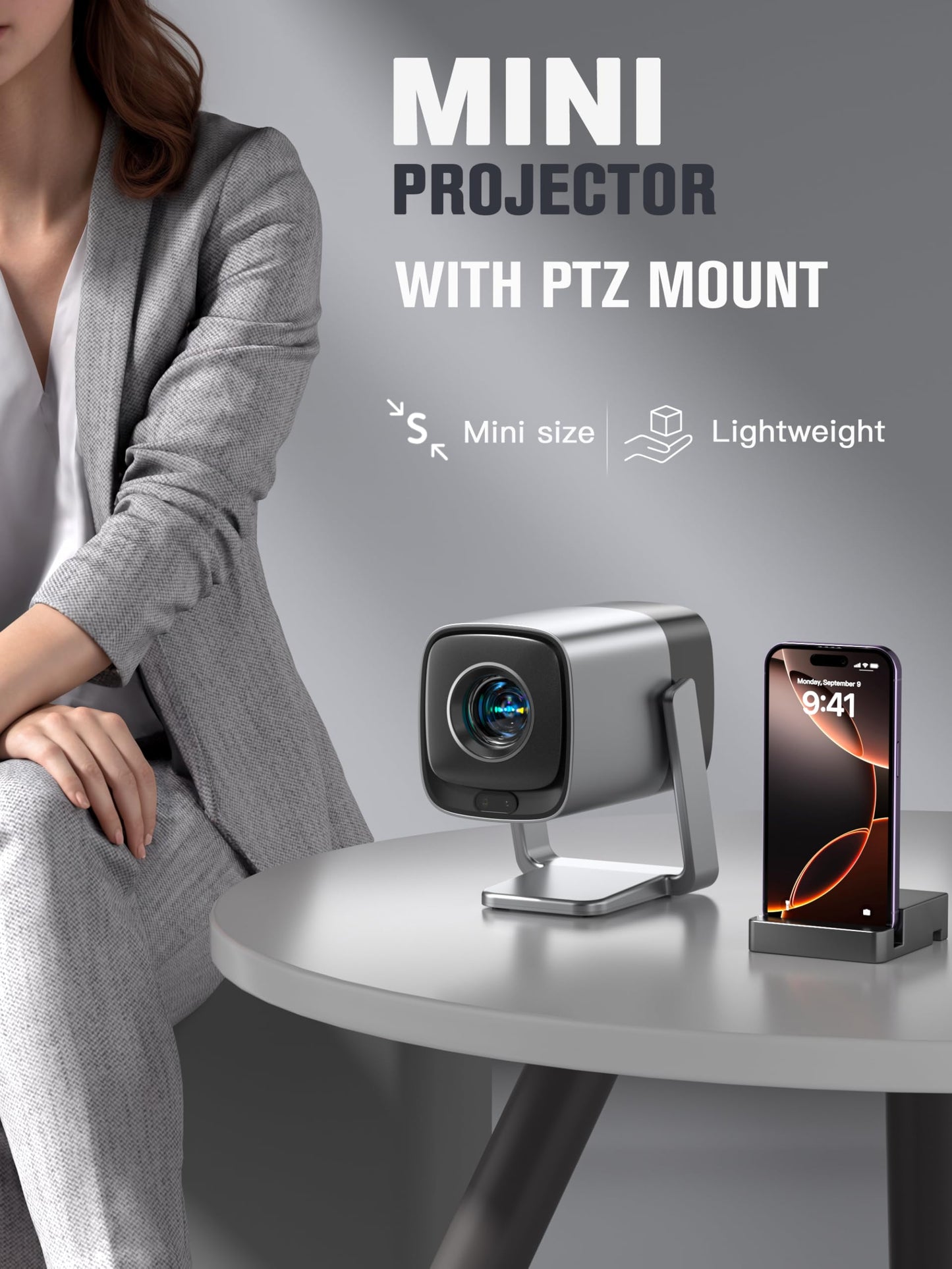 [Compatible with Netflix & TOF Real-time Focus] Mini Projector with WiFi and Bluetooth, XuanPad Silver Smart Projector 4K Support, Dolby Audio & Keystone, 210° Rotatable Stand for Home