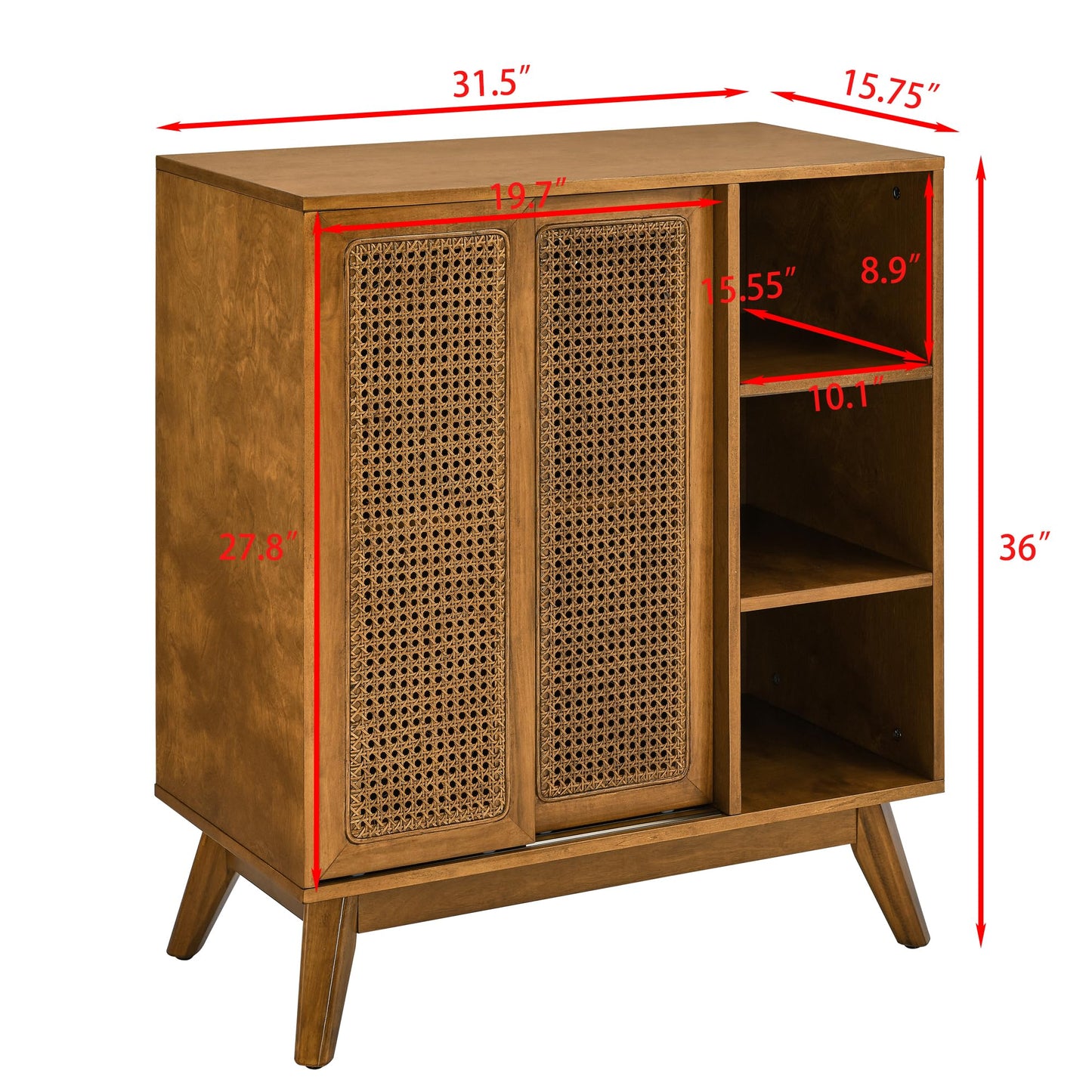 Ball & Cast 32" Mid Century Modern Rattan Sideboard Cabinet with 2 Sliding Doors, Buffet Cabinet w/Adjustable Shelf & Solid Wood Legs for Entryway, Living Room, Kitchen,Dining Room, Light Walnut
