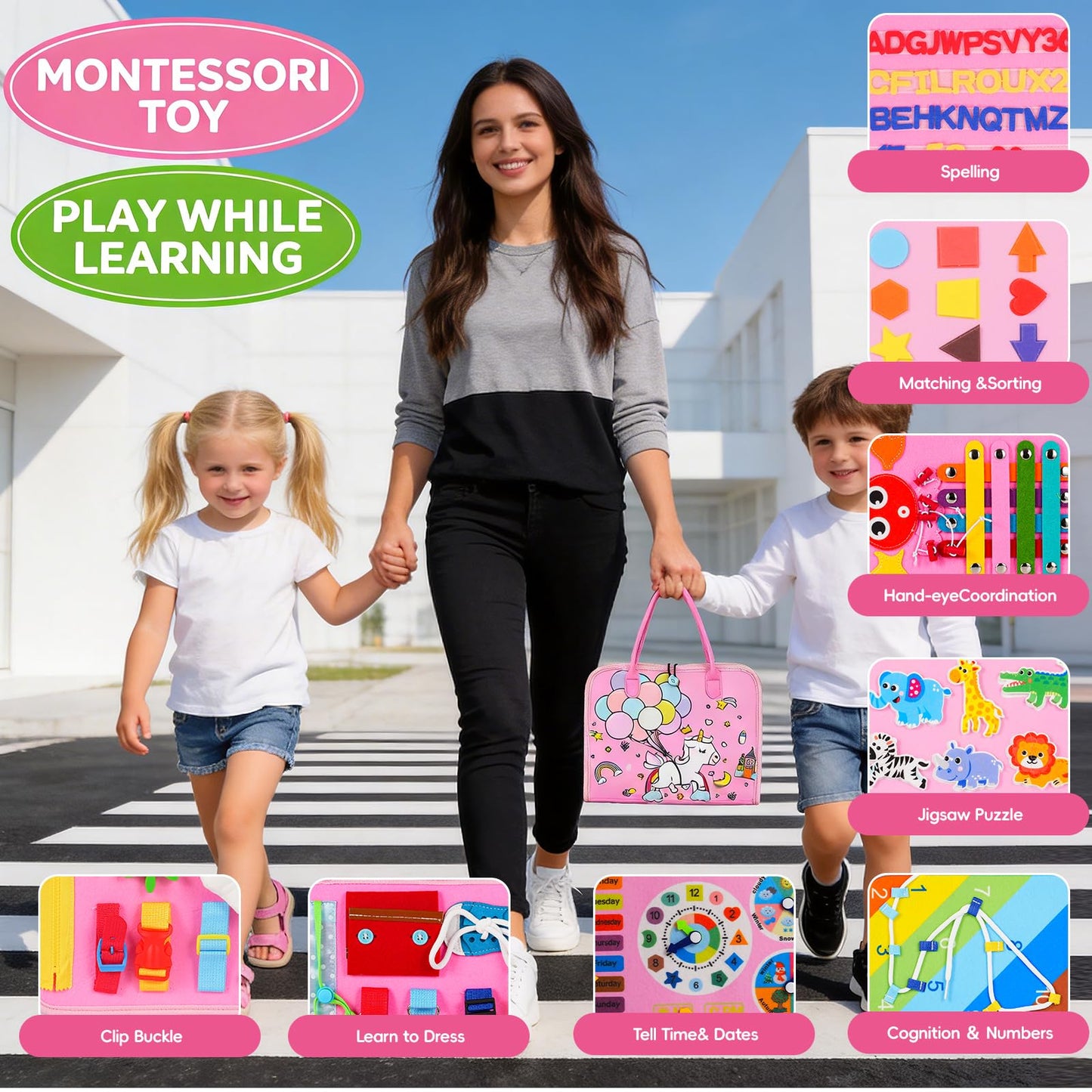 GiggleCraft Montessori Busy Board for Toddlers – Sensory Busy Book with Buckles, Zippers, Letters, Animals, Toddler Activities – Fine Motor Skills Development Learning for Boys Girls Travel Activity