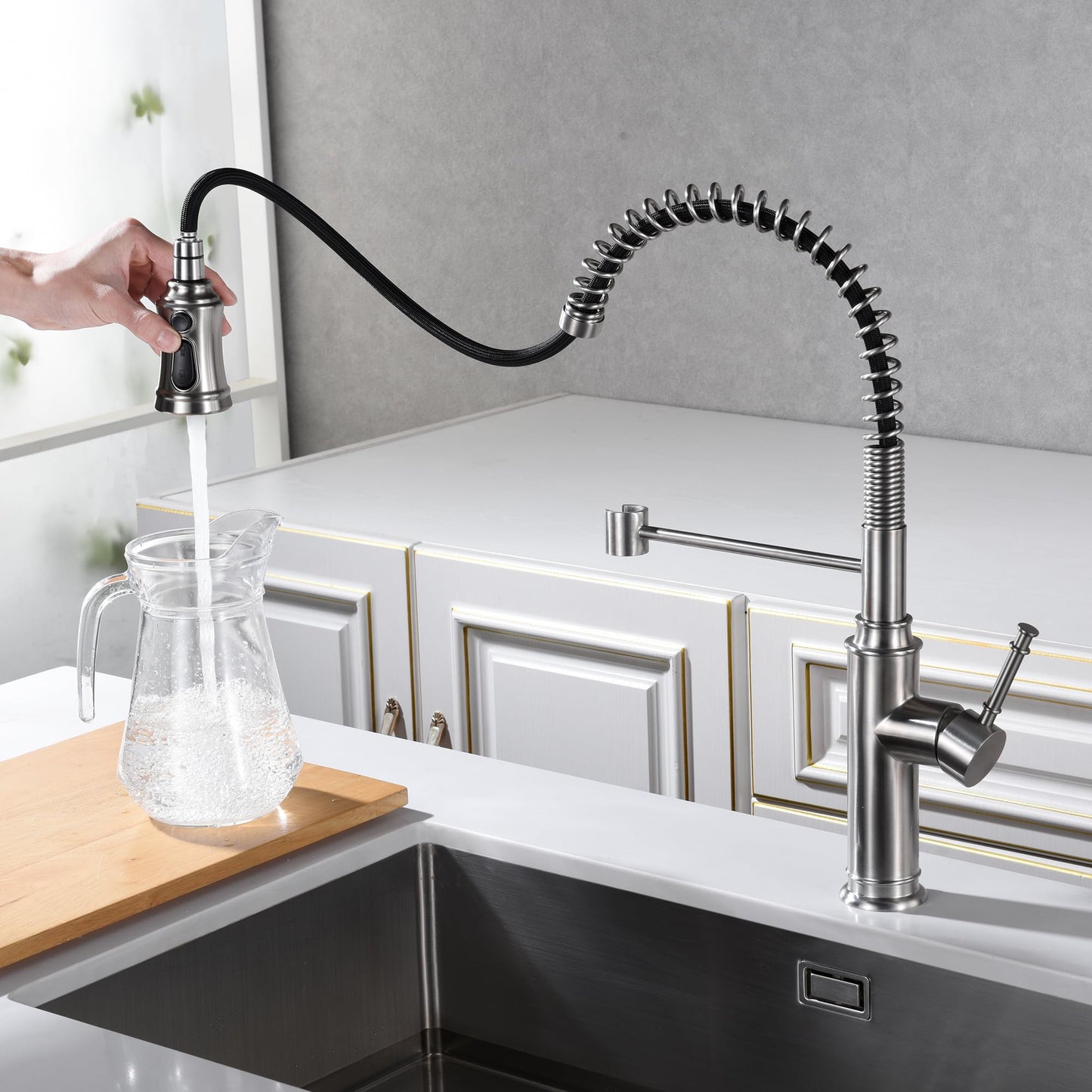 Sumerain Pull-Out Spring Sprayer Kitchen Sink Faucet with 360° Rotating Spout and Single Level Handle, Brushed Nickel