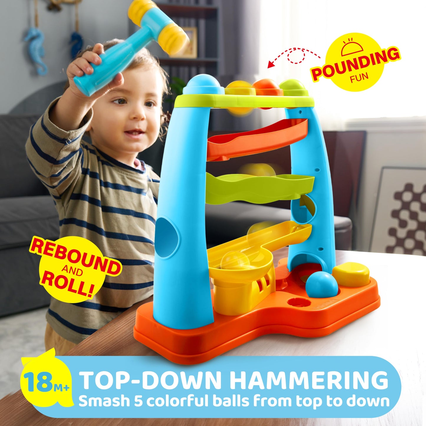 lalalark Ball Drop Toy for Toddlers, Track Stacking Learning Pound a Ball with Hammer, Early Developmental Montessori Toy, Birthday Gift for Boys & Girls Age 18M+ 2 3 Year Old Baby Kids