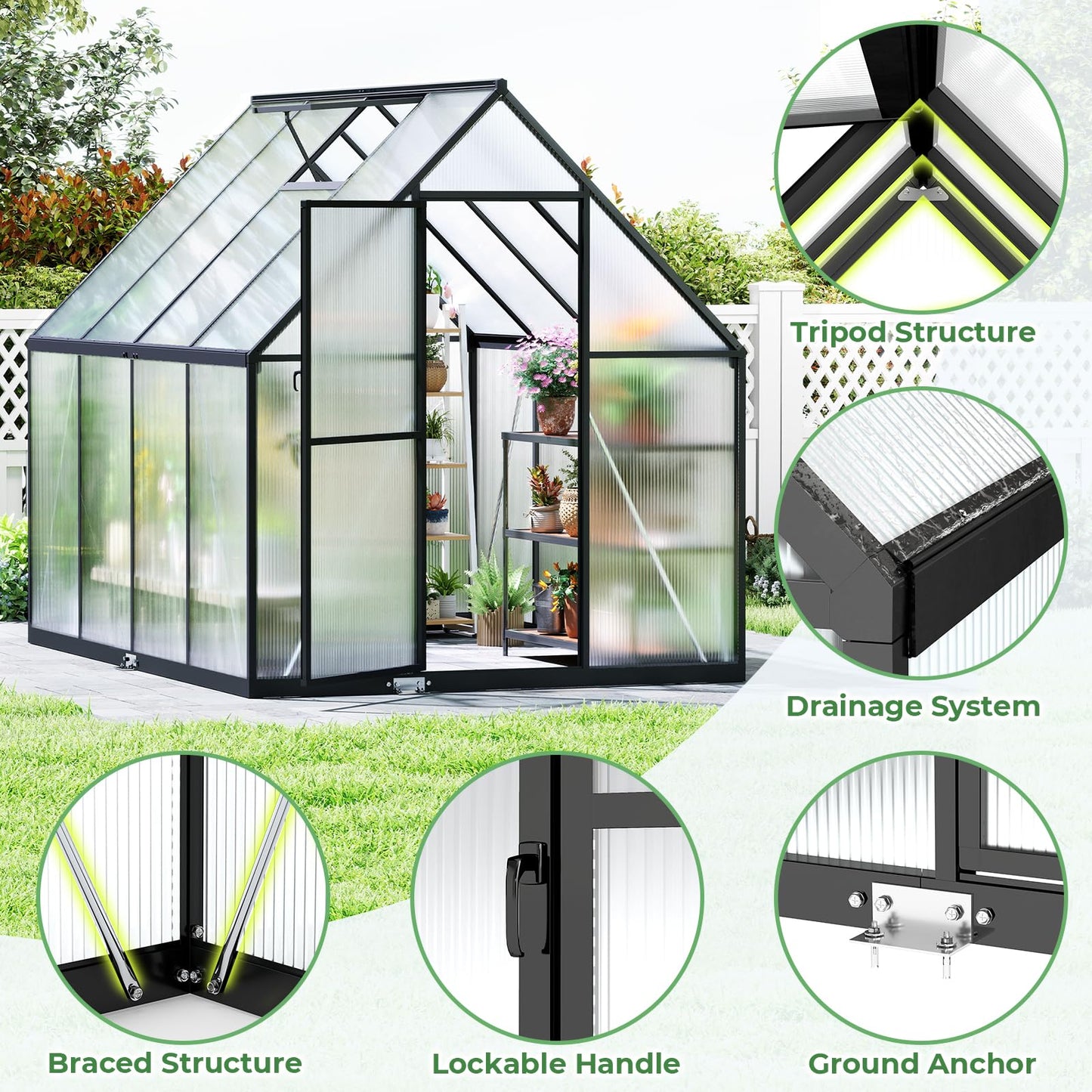 Jocoevol 6x8FT Greenhouse for Outdoors, Galvanized Steel Frame Winter Green House w/Adjustable Roof Vent, Lockable Door Handle &DrainageSystem, Walk-in Greenhouses for Outside Garden Backyard