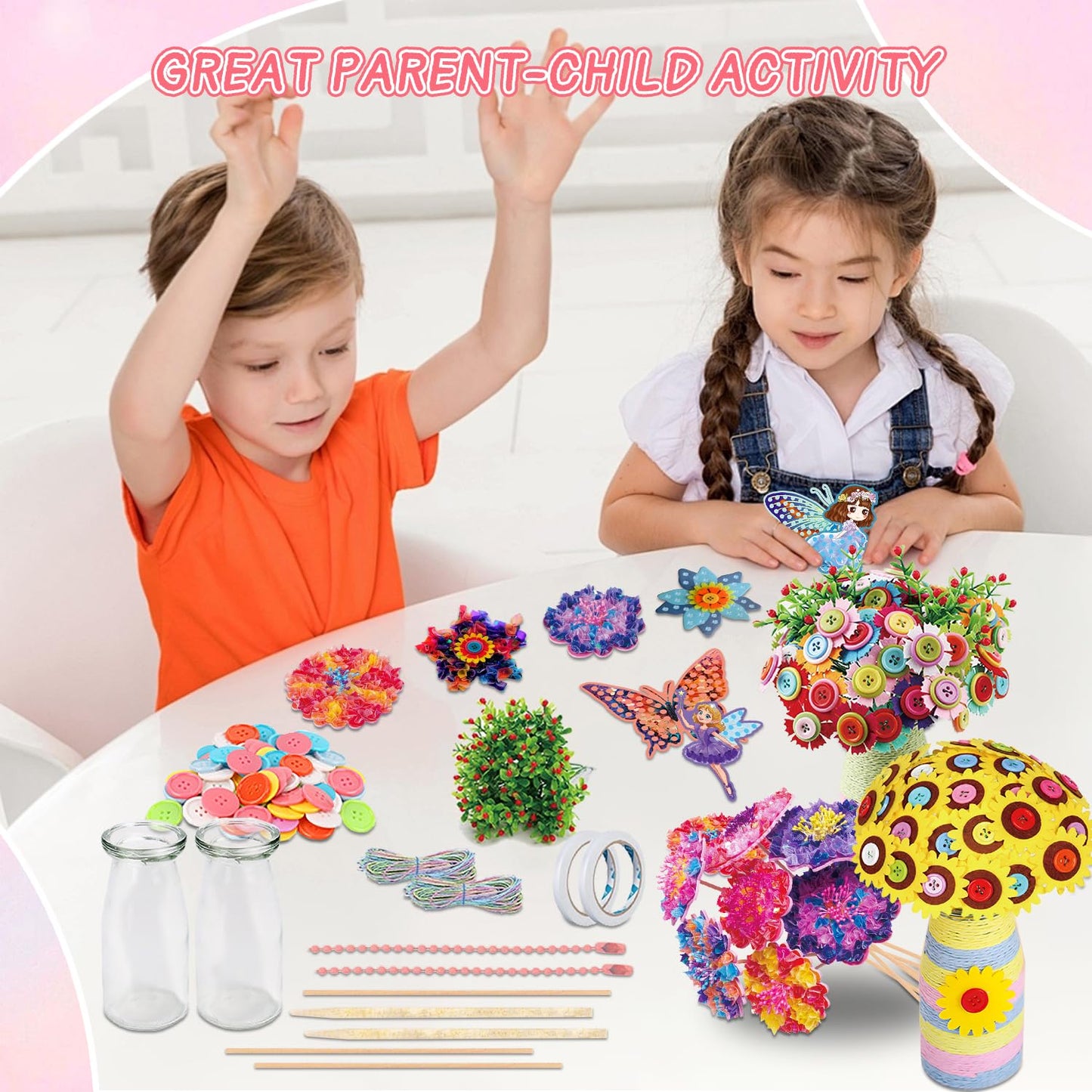 Mostop Poke-in Art Flower Bouquet DIY Craft Kit for Girls Age 4-5 6-7 8-12, Mess-Free Button Felt Flower Making Set, Creative Activity Educational Birthday Gift Toys for 6-8 8-10 Year Old Kids