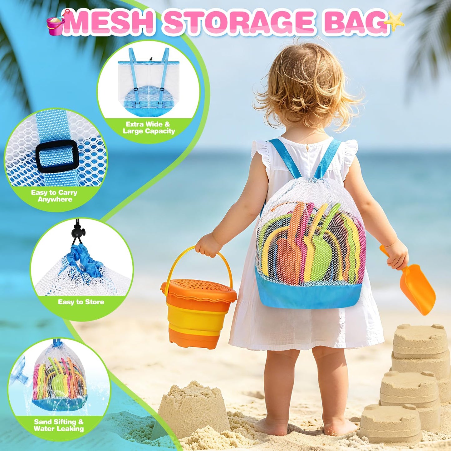 OCHIDO 4 Pack Collapsible Beach Toys for Kids Toddlers, Sand Toys with 4 Collapsible Beach Bucket with Sifter, 4 Beach Shovel and Storage Mesh Bag, Travel Sandbox Toys Beach Essentials for Age 3-10