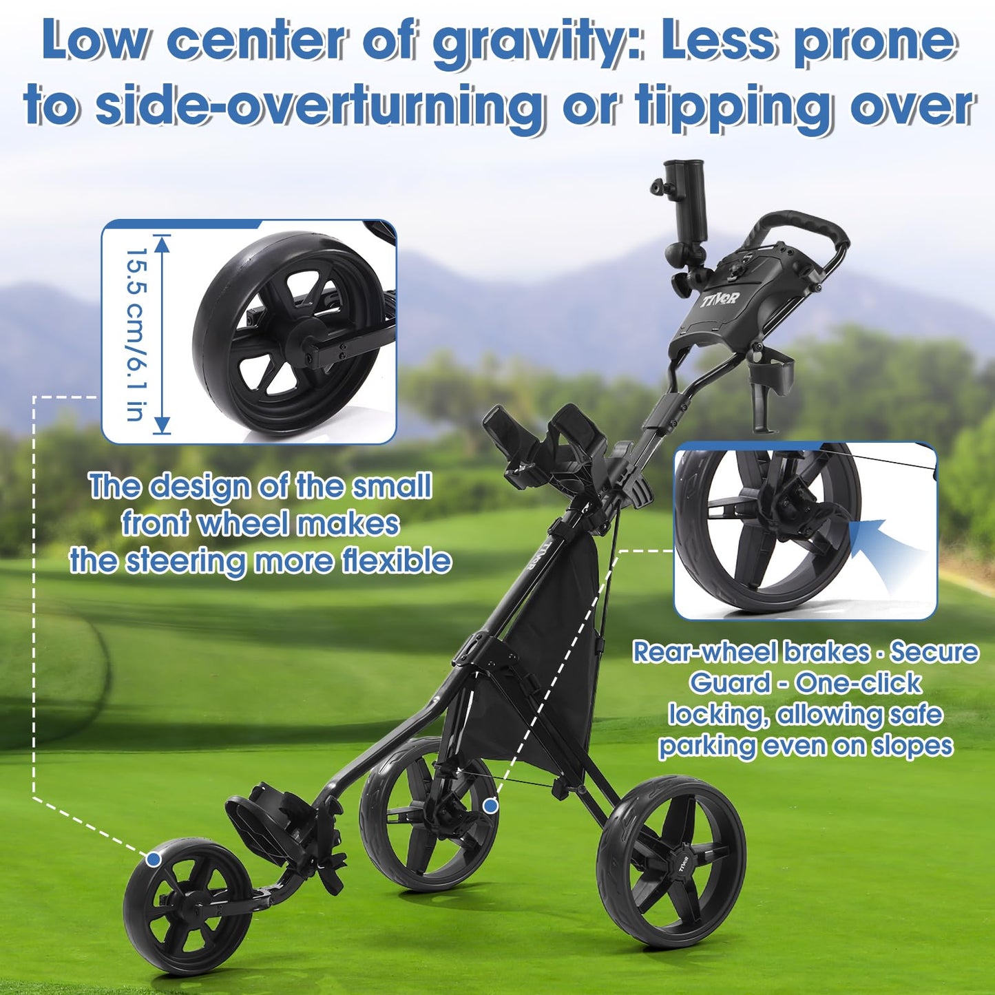 3 Wheel Golf Push Cart,Lightweight Golf Pull Cart with Quad-Fold Frame,and Cleaning Kit Golf,Cooler Bag,Cup/Phone/Umbrella Holder Compact Golf cart-green