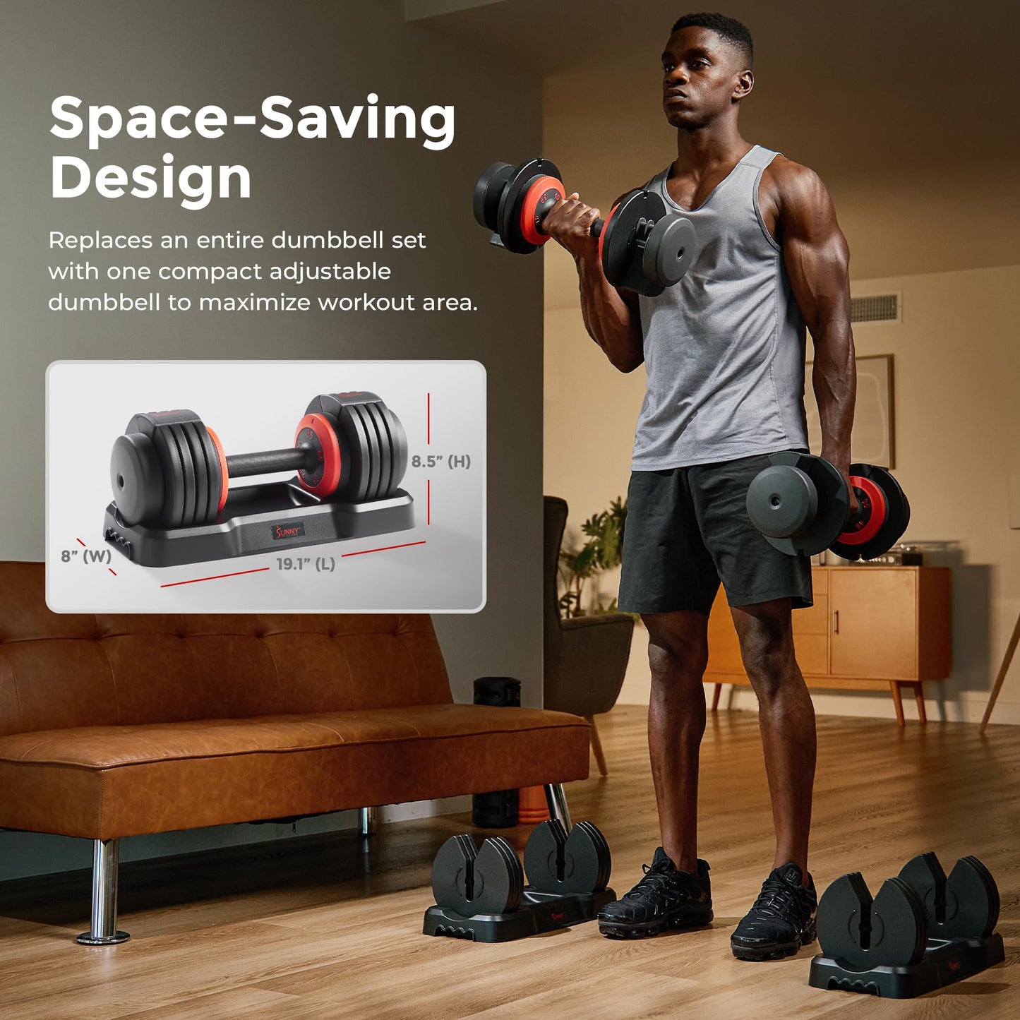 Sunny Health & Fitness Elite Adjustable Dumbbell 55-Pound, Space Saver, Secure Quick-Lock, Anti-Slip Steel Handle, Home Gym Fitness (Single Dumbbell) (weight 15,25,35,45,55) – SF-DB01-055