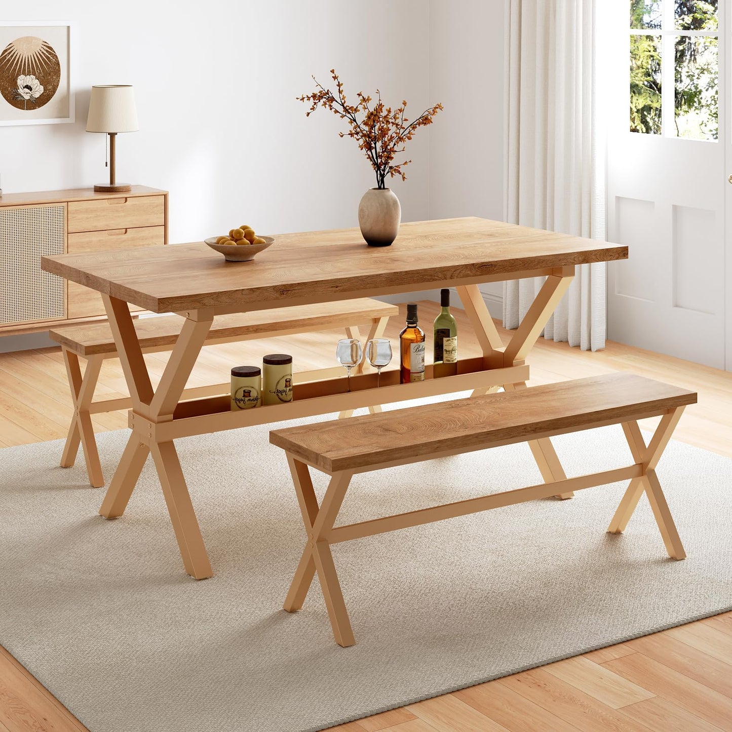 HIPIHOM 63" Dining Table Set with 2 Dining Benches for 4, Scratch Resistance MDF Kitchen Table with Sturdy Metal Legs, Small Dining Table Sets for 4 for Family Gatherings