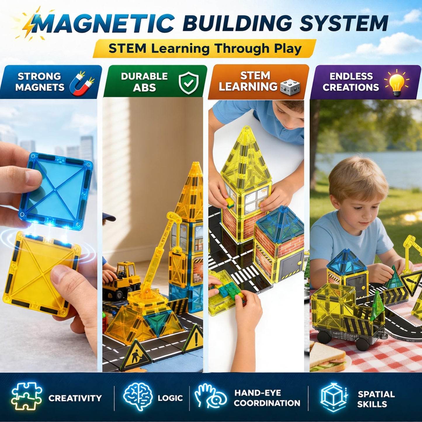 LATI Construction Magnetic Tiles City Set for Kids, Double-Sided Day & Night Building Blocks with Crane, Roads, Traffic Signs & Construction Vehicles, STEM Learning Toy for Boys & Girls Ages 3+