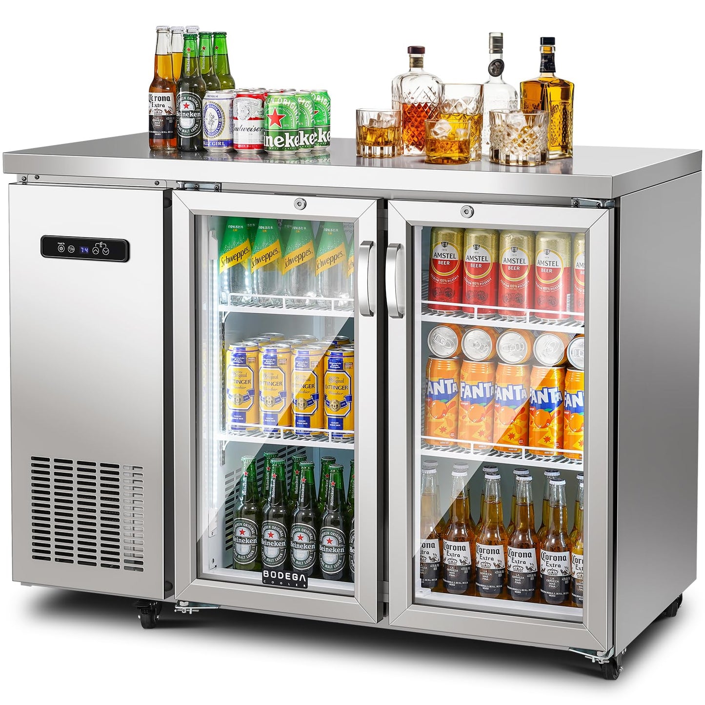 BODEGACOOLER Commercial Cooler with 2 Glass Doors,12 Cu.Ft Stainless Steel Counter Height Back Bar Refrigerator,Display Drink Beverage Fridge for Soda LED Lighting, SUS 304 Stainless Steel Exterior
