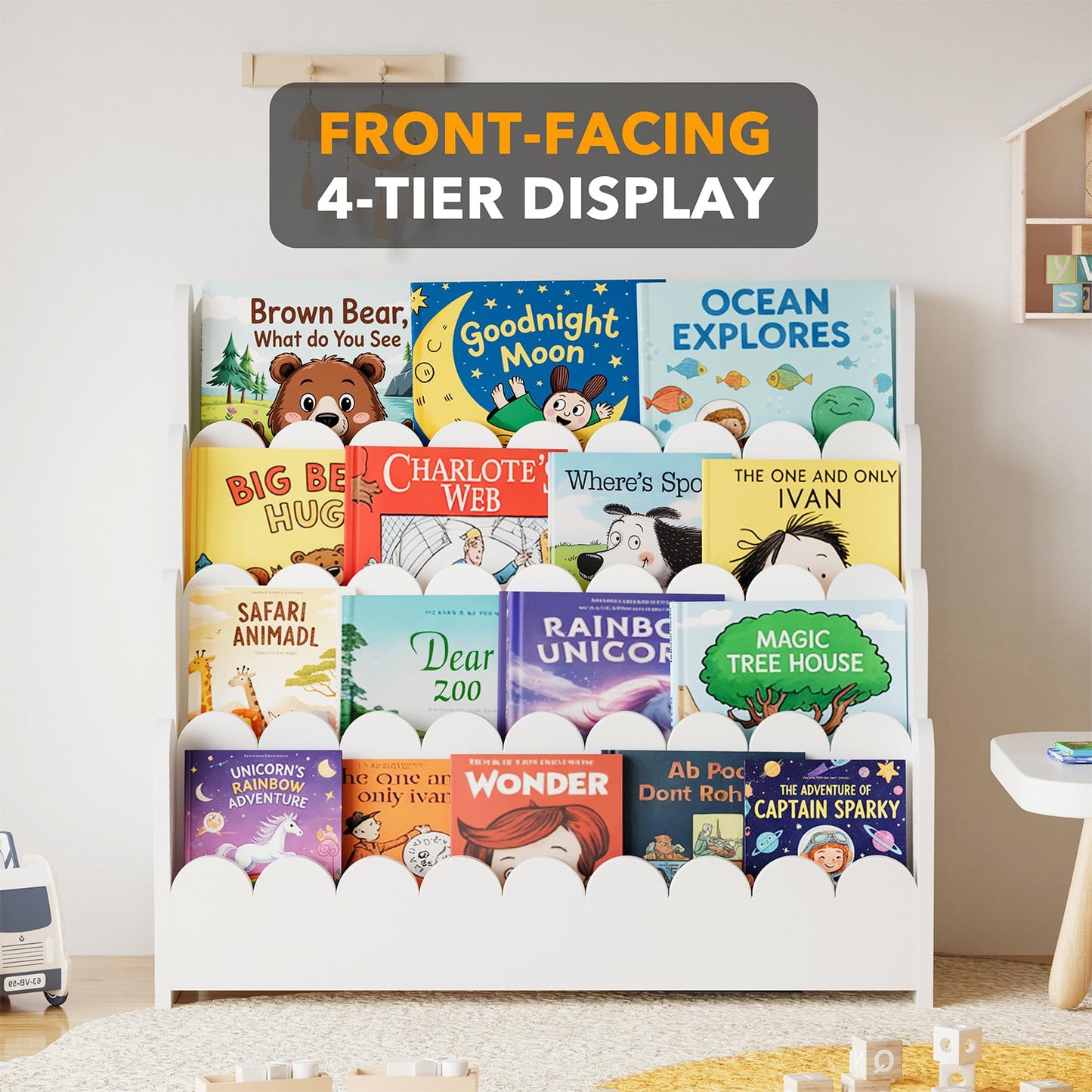 SpaceAid 4-Tier Scalloped Bookshelf, Montessori Bookcase for Toddlers, Wooden Book Shelf Organizer Display Furniture for Kids Rooms, Playroom, Nursery and Classroom, 29.6“ Wide, White