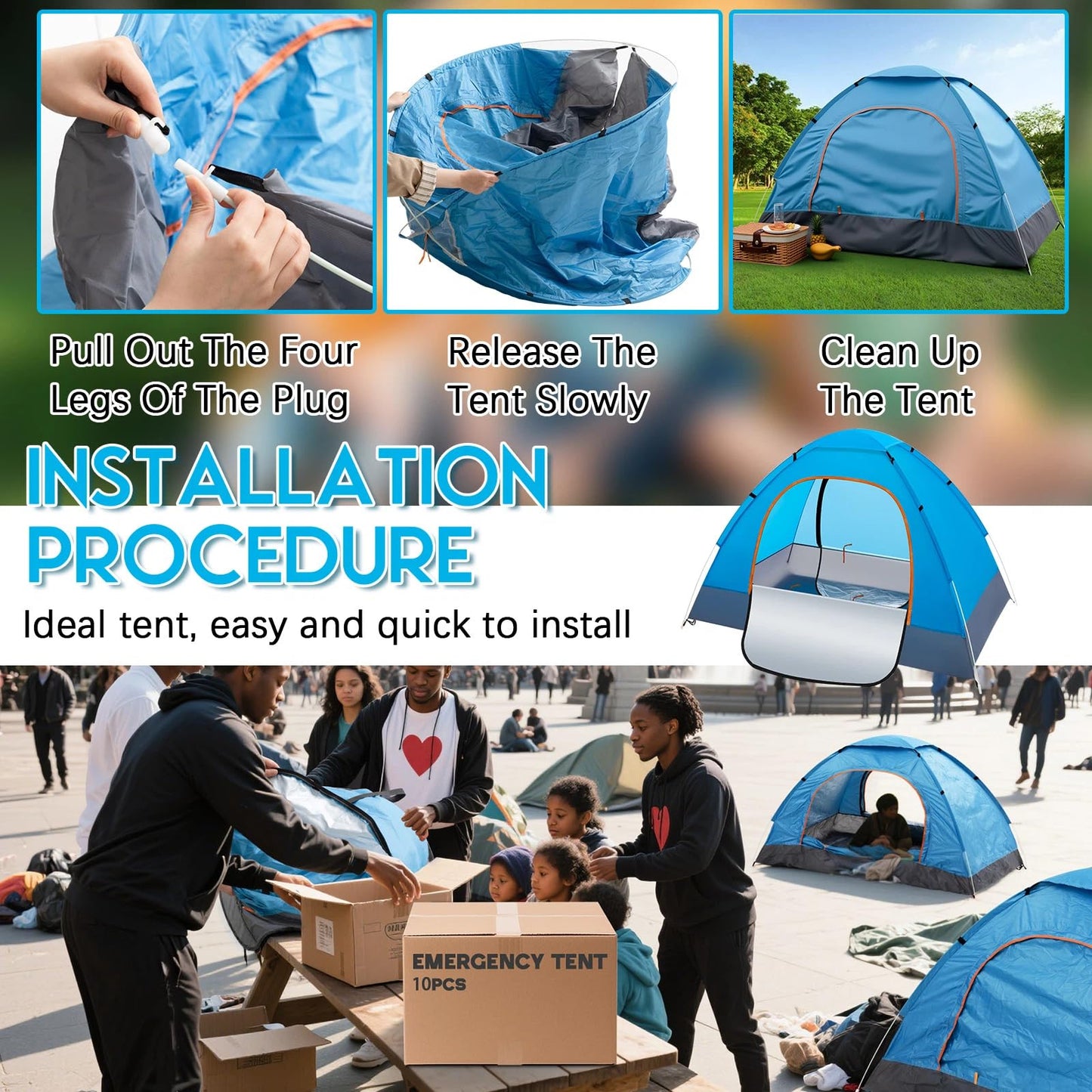 Wowangce 10 Pcs Camping Tents for Homeless Bulk Homeless Backpacking Supplies 2 Person Pop up Adult Waterproof Instant Easy Setup Tent for Hiking, Outdoor, Travel, Camping, Donation (Blue)