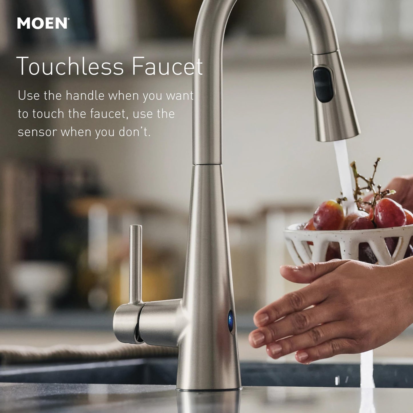 Moen Essie Mediterranean Bronze MotionSense Wave One-Handle Touchless Kitchen Faucet with Pulldown Sprayer and Soap Dispenser, 87014EWBRB