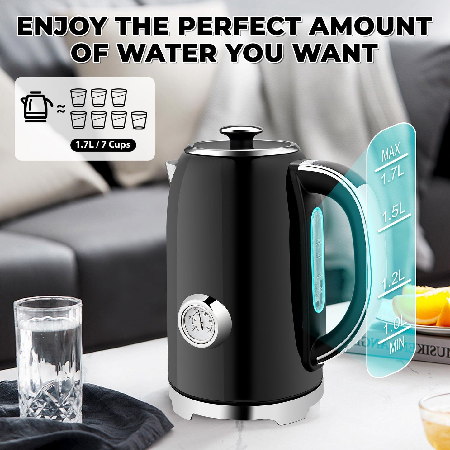 SUSTEAS Electric Kettle Temperature Control - 57oz Hot Water Boiler with Thermometer, 1500W Fast Heating Stainless Steel Tea Kettles, Cordless LED Indicator, Auto Shut-Off & Boil Dry Protection,Black