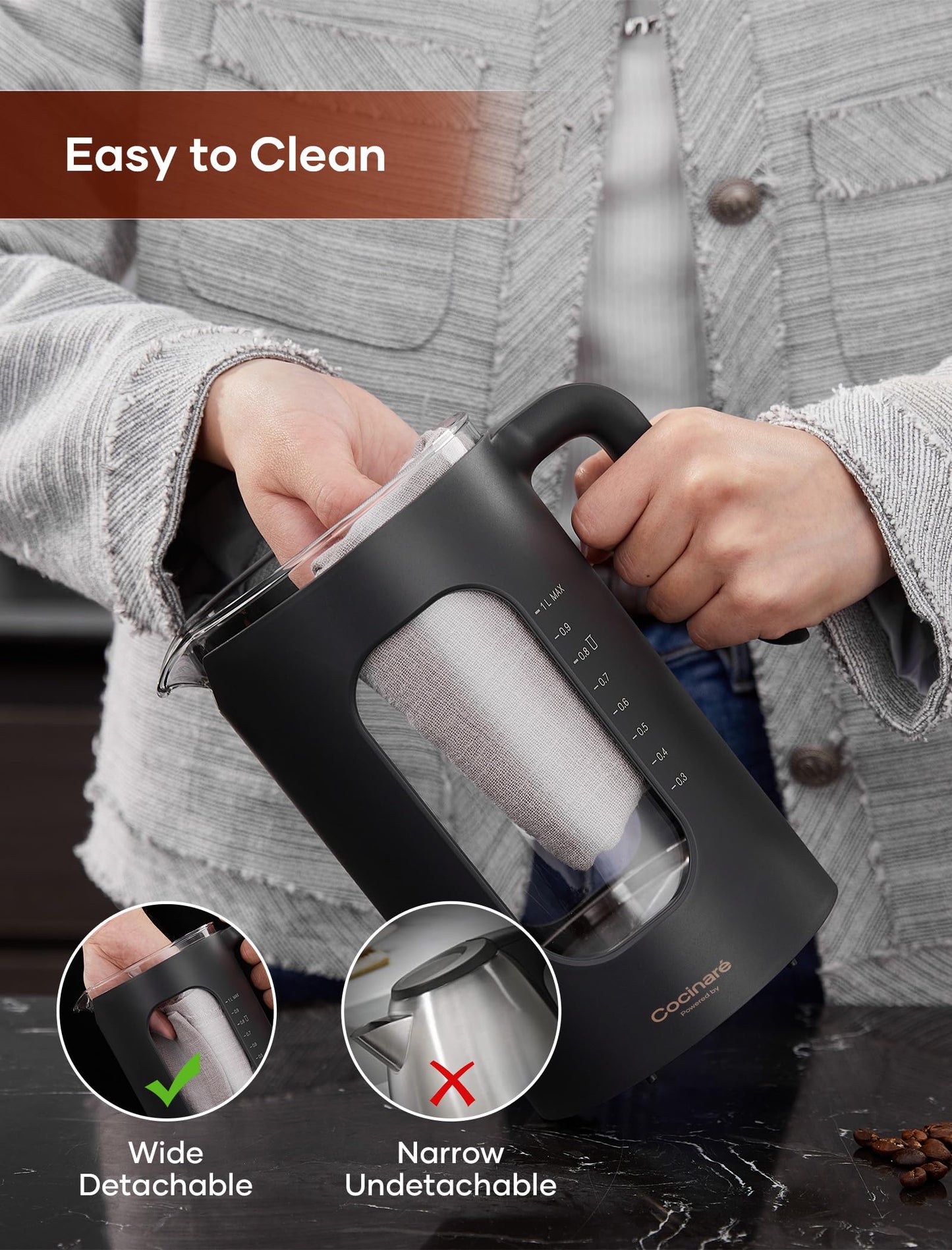 Electric Tea Kettle, INTASTING Glass Electric Kettle with tea Infuser and Precise knob temperature control, 1200W Fast Heating, BPA-Free, Easy to Clean, for Tea and coffee, 1 Liter (Dark Gray)