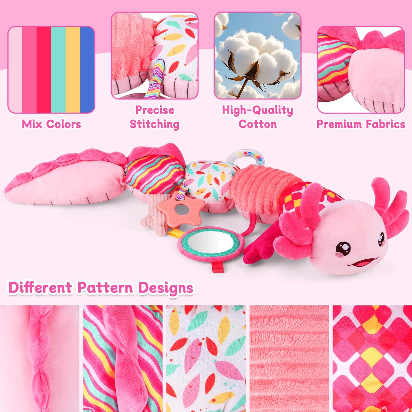 Baby Girls Toys 0-6 Months,Infant Sensory Caterpillar Pink Axolotl Baby Musical Rattles Tummy Time Toys for 0 3 6 9 12 Months Stuffed Plush with Crinkle, Mirror,Teether for Newborn Shower Gifts