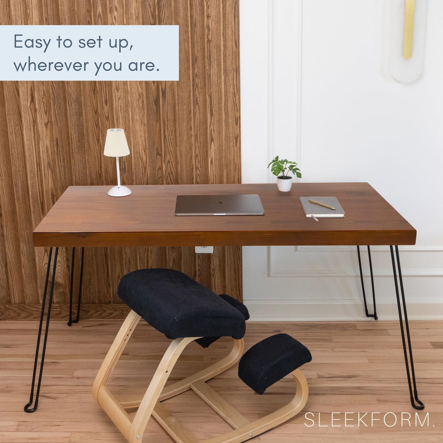 Sleekform Wooden Folding Desk, Small Folding Table Portable with Collapsible Hairpin Legs, Austin Kneeling Chair, Home Office Ergonomic Computer Desk Stool