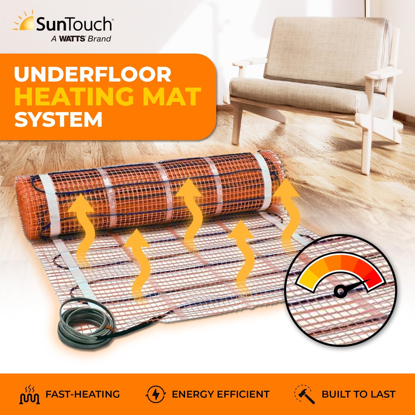 SunTouch TapeMat Electric Under Floor Heating Mat with 1/8" Thick Cable, Open-Weave Orange Mesh, 15 Sq Ft (7.5' x 2'), 120V, Commercial and Residential, Installs Beneath Tile, Stone, Laminate