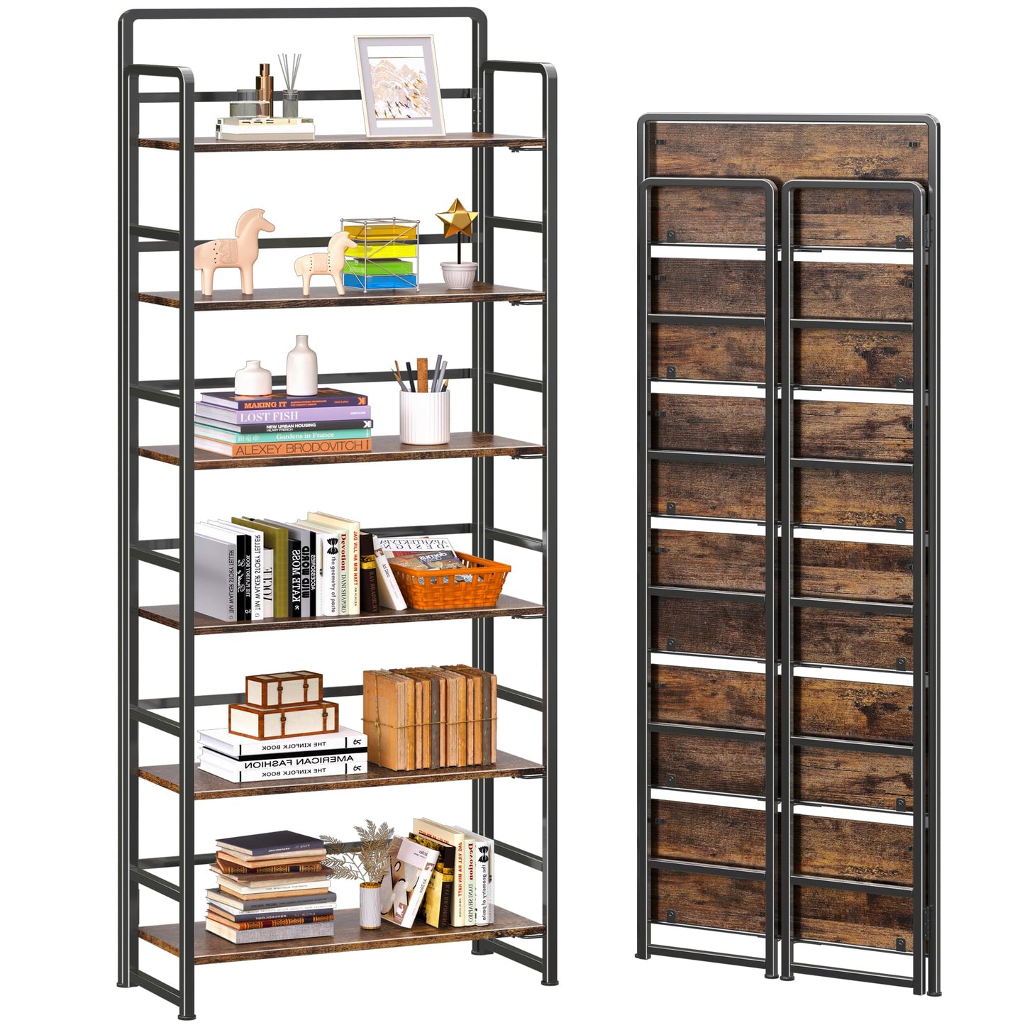 4NM No Assembly 6 Tiers Folding Bookshelf Storage Shelves Vintage Bookcase Standing Racks Study Organizer Home Office (Rustic Brown Black)